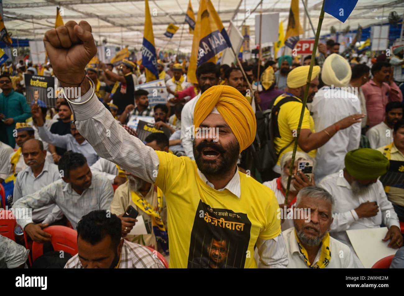 New Delhi, Delhi, India. 31st Mar, 2024. A supporter of the Aam Aadmi Party shouts slogans during a mega rally organised by various opposition parties of India, in New Delhi, India on March 31, 2024. (Credit Image: © Kabir Jhangiani/ZUMA Press Wire) EDITORIAL USAGE ONLY! Not for Commercial USAGE! Credit: ZUMA Press, Inc./Alamy Live News Stock Photo