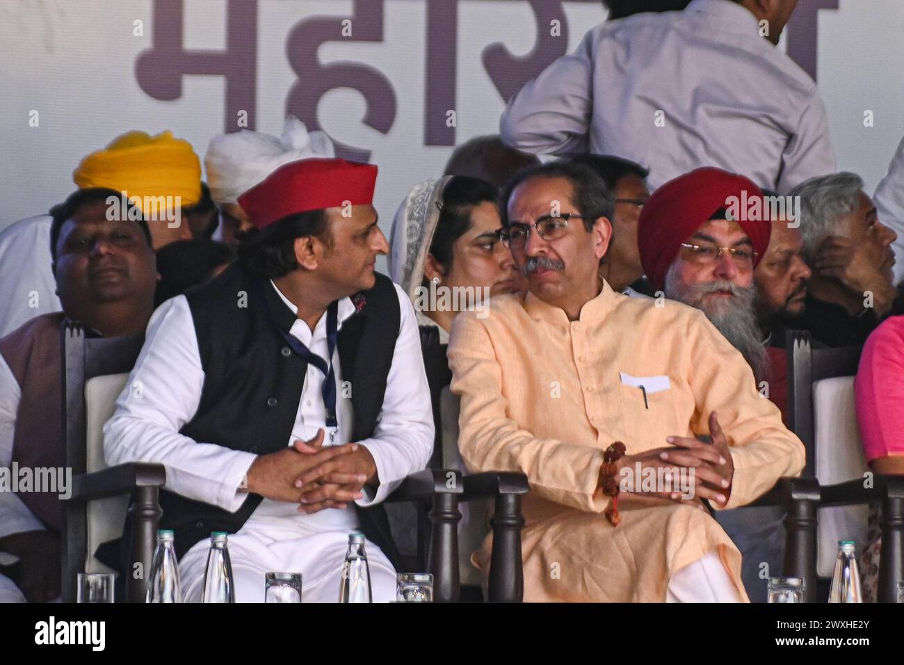 New Delhi, Delhi, India. 31st Mar, 2024. Akhilesh Yadav (L), former Chief Minister of Uttar Pradesh and Uddhav Thackeray, former Chief Minister of Maharashtra partiipate in a mega rally organised by various opposition parties of India, in New Delhi, India on March 31, 2024. (Credit Image: © Kabir Jhangiani/ZUMA Press Wire) EDITORIAL USAGE ONLY! Not for Commercial USAGE! Credit: ZUMA Press, Inc./Alamy Live News Stock Photo