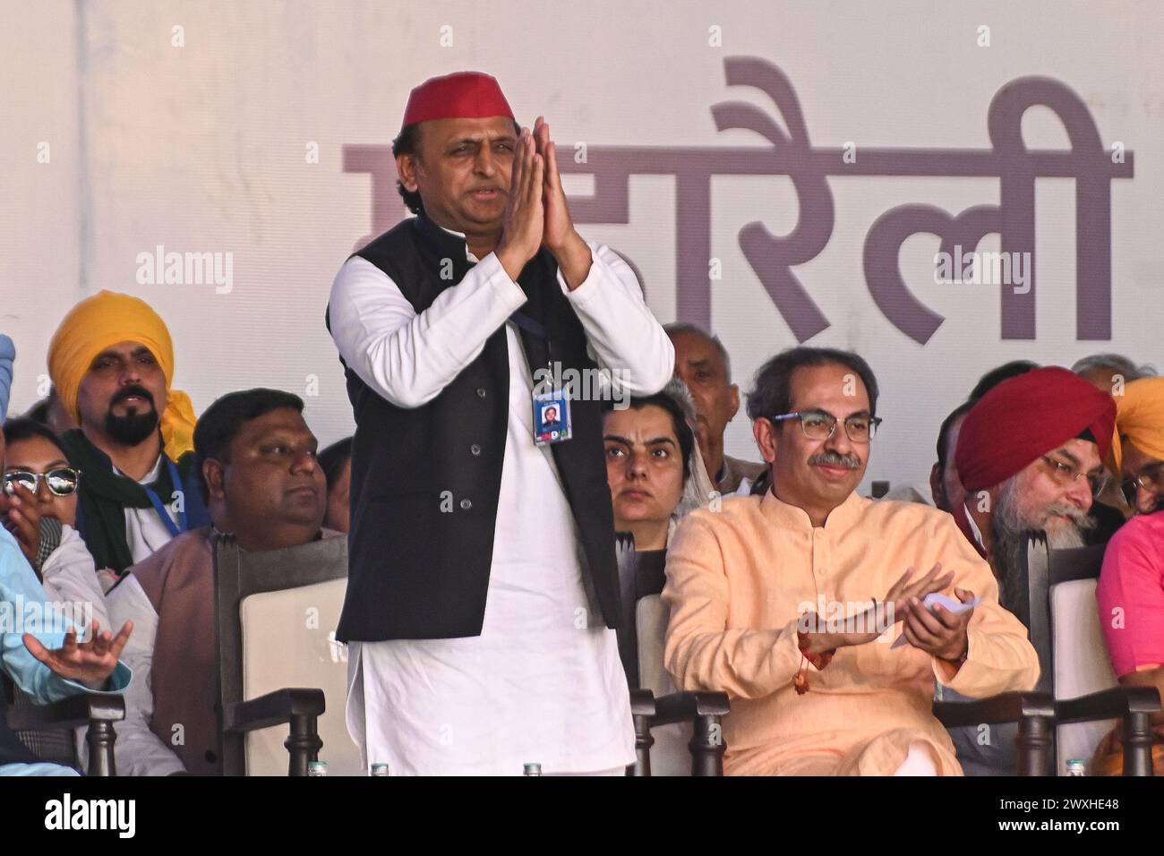 New Delhi, Delhi, India. 31st Mar, 2024. Akhilesh Yadav, former Chief Minister of Uttar Pradesh and President of Samajwadi Party, gestures during a mega rally organised by various opposition parties of India, in New Delhi, India on March 31, 2024. (Credit Image: © Kabir Jhangiani/ZUMA Press Wire) EDITORIAL USAGE ONLY! Not for Commercial USAGE! Credit: ZUMA Press, Inc./Alamy Live News Stock Photo