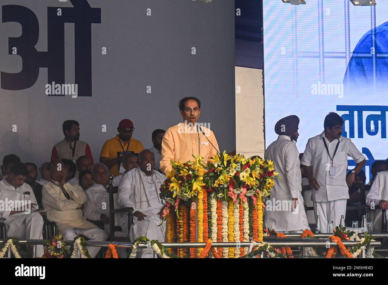 New Delhi, Delhi, India. 31st Mar, 2024. Uddhav Thackeray, former Chief Minister of Maharashtra addresses the crowd, during a mega rally organised by various opposition parties of India, in New Delhi, India on March 31, 2024. (Credit Image: © Kabir Jhangiani/ZUMA Press Wire) EDITORIAL USAGE ONLY! Not for Commercial USAGE! Credit: ZUMA Press, Inc./Alamy Live News Stock Photo