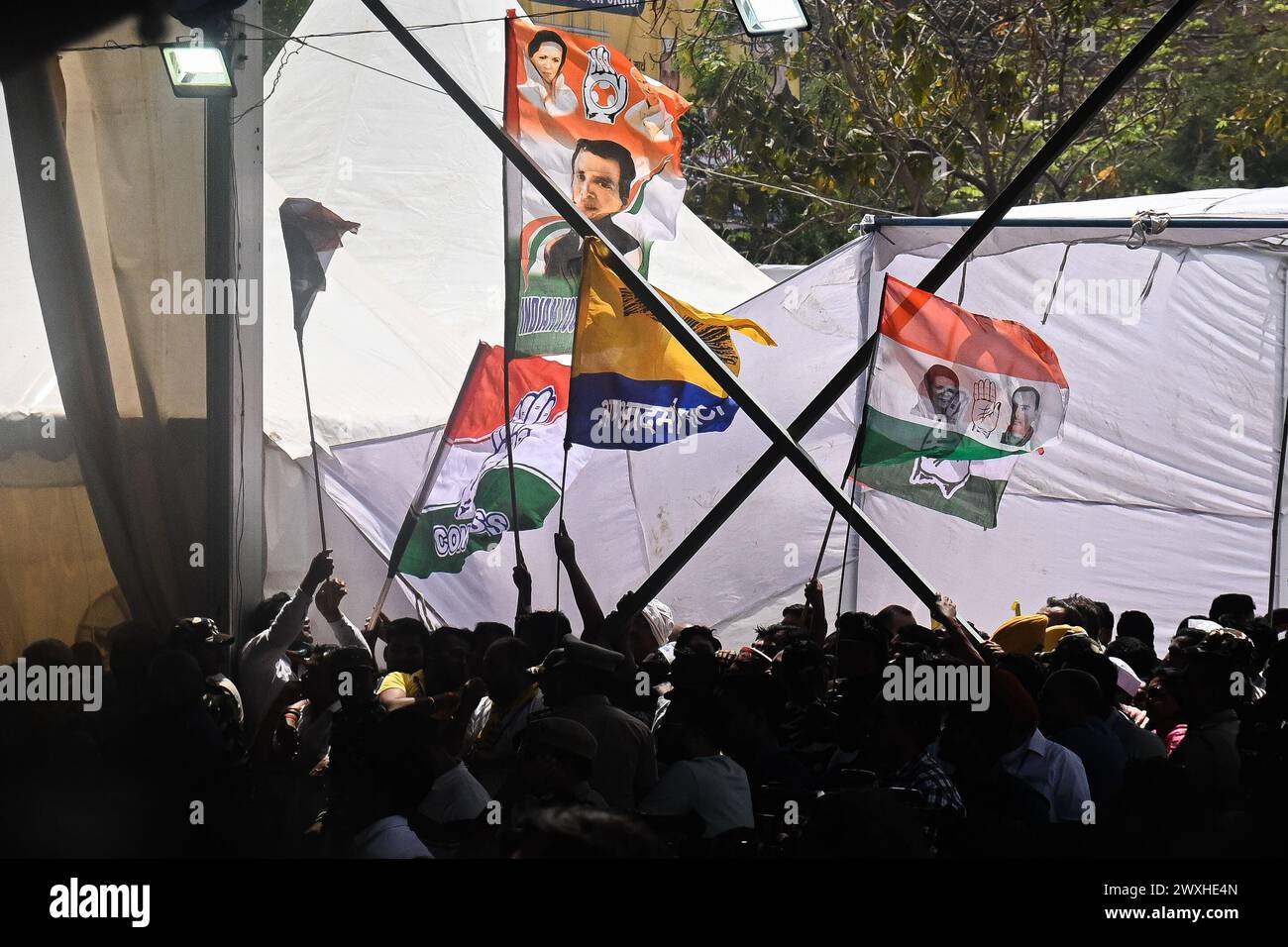 New Delhi, Delhi, India. 31st Mar, 2024. Supporters of various oposition parties hold flags in a mega rally organised by various opposition parties of India, in New Delhi, India on March 31, 2024. (Credit Image: © Kabir Jhangiani/ZUMA Press Wire) EDITORIAL USAGE ONLY! Not for Commercial USAGE! Credit: ZUMA Press, Inc./Alamy Live News Stock Photo