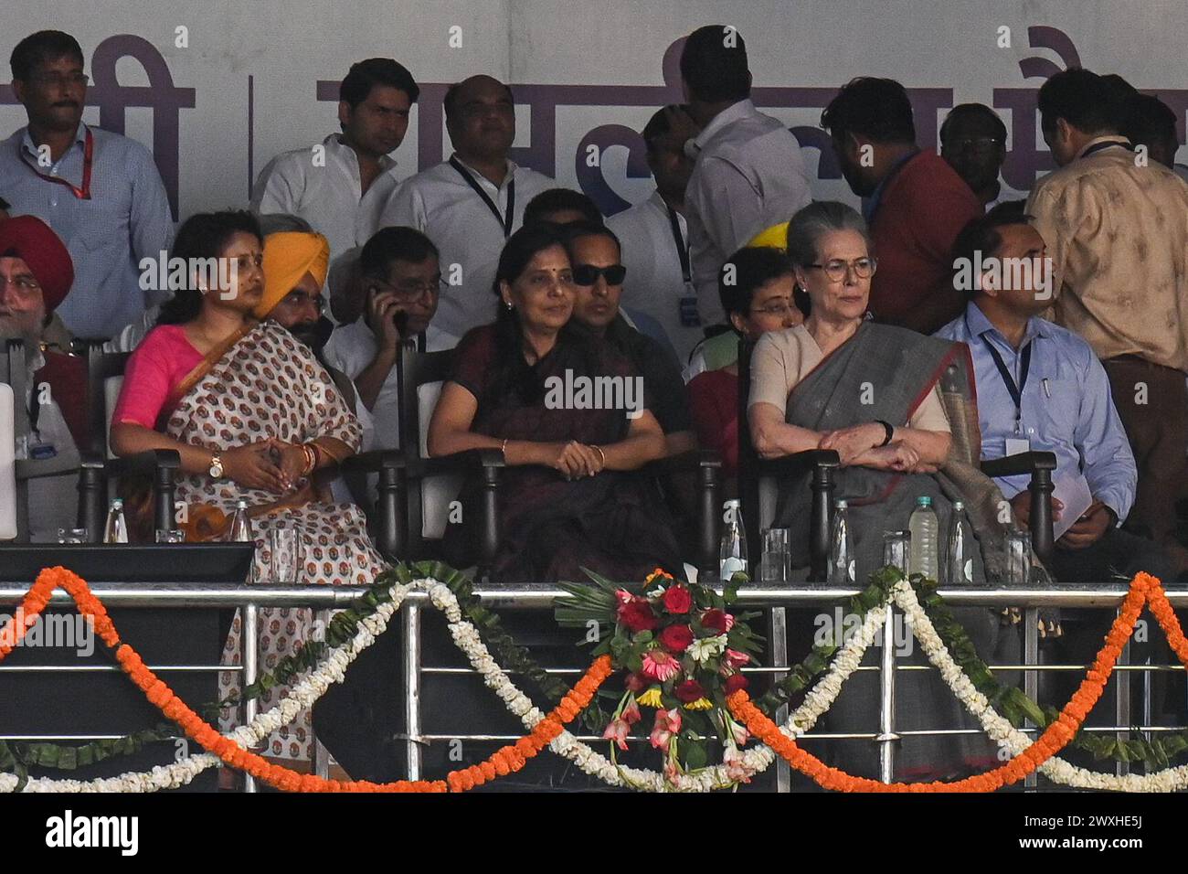 New Delhi, Delhi, India. 31st Mar, 2024. Sunita Kejriwal (C), wife of Delhi's Chief Minister, Arvind Kejriwal, who was recently arrested by India's investigative agency, and Sonia Gandhi (R), leader of Indian National Congress, participate in a mega rally organised by various opposition parties of India, in New Delhi, India on March 31, 2024. (Credit Image: © Kabir Jhangiani/ZUMA Press Wire) EDITORIAL USAGE ONLY! Not for Commercial USAGE! Credit: ZUMA Press, Inc./Alamy Live News Stock Photo