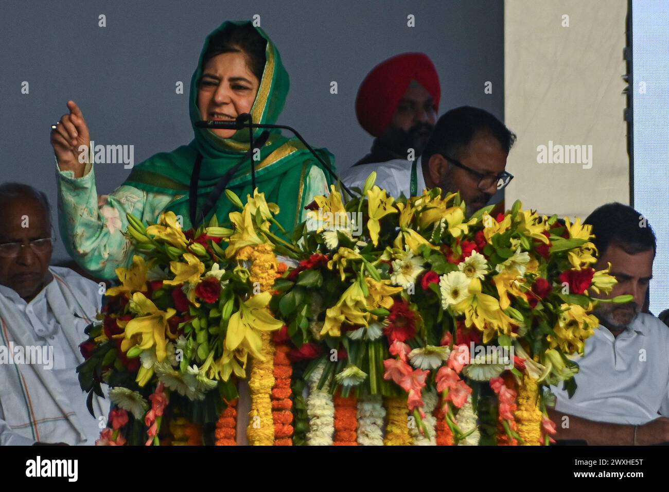 New Delhi, Delhi, India. 31st Mar, 2024. Mehbooba Mufti, former Chief Minister of Jammu and Kashmir, addresses the crowd, during a mega rally organised by various opposition parties of India, in New Delhi, India on March 31, 2024. (Credit Image: © Kabir Jhangiani/ZUMA Press Wire) EDITORIAL USAGE ONLY! Not for Commercial USAGE! Credit: ZUMA Press, Inc./Alamy Live News Stock Photo