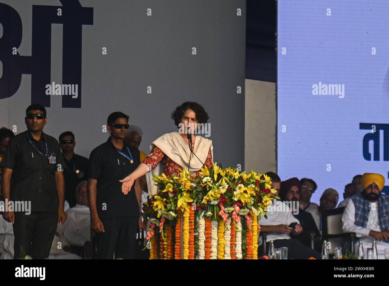 New Delhi, Delhi, India. 31st Mar, 2024. Priyanka Gandhi Vadra, leader of Indian National Congress, addresses the crowd during her speech, during a mega rally organised by various opposition parties of India, in New Delhi, India on March 31, 2024. (Credit Image: © Kabir Jhangiani/ZUMA Press Wire) EDITORIAL USAGE ONLY! Not for Commercial USAGE! Credit: ZUMA Press, Inc./Alamy Live News Stock Photo