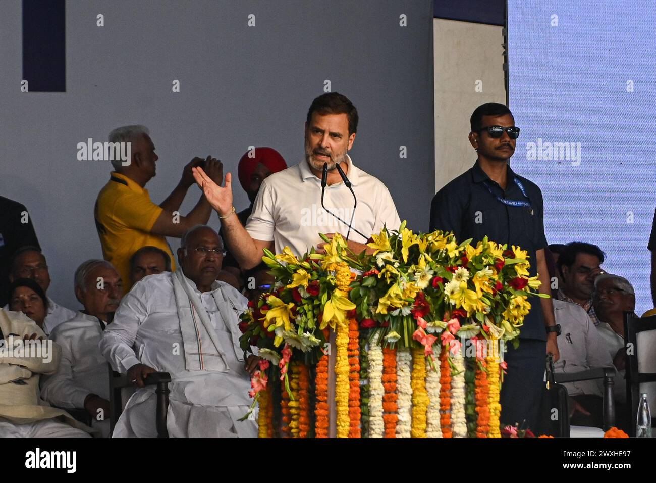 New Delhi, Delhi, India. 31st Mar, 2024. Rahul Gandhi, leader of Indian National Congress, addresses the crowd during his speech, during a mega rally organised by various opposition parties of India, in New Delhi, India on March 31, 2024. (Credit Image: © Kabir Jhangiani/ZUMA Press Wire) EDITORIAL USAGE ONLY! Not for Commercial USAGE! Credit: ZUMA Press, Inc./Alamy Live News Stock Photo