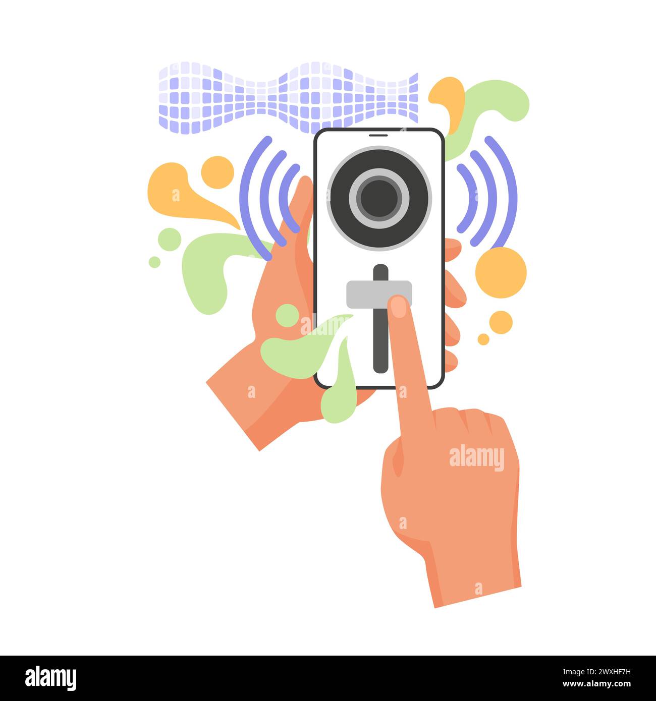 Human hands holding smartphone with music player app on screen vector ...
