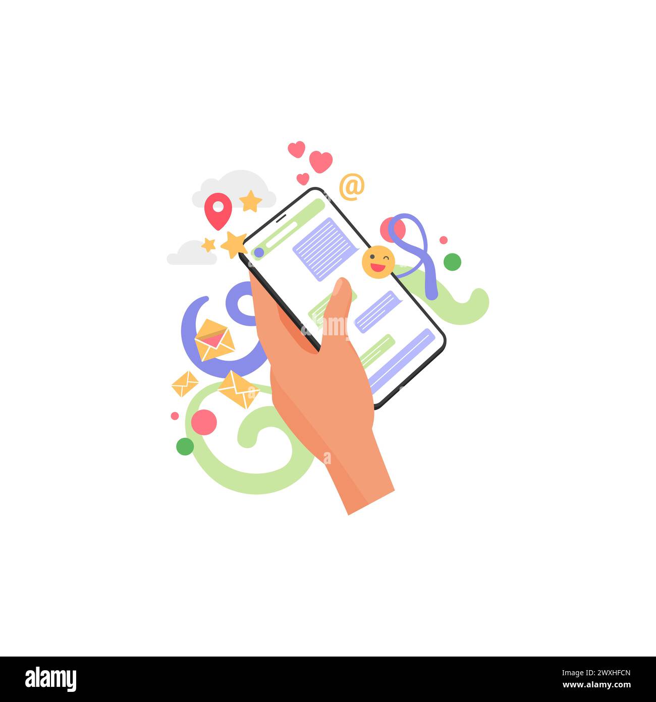 Hand holding mobile phone with chat messages and happy emoji on screen ...