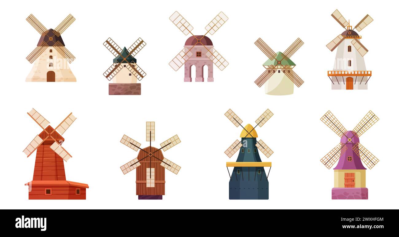 Old windmills set. Vintage stone and wooden wind mills of farm countryside landscape of Netherlands or Holland, Dutch towers with fan for grinding wheat grains to flour cartoon vector illustration Stock Vector