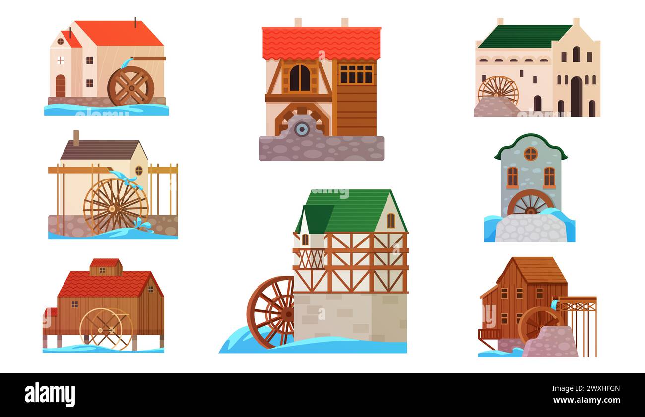 Old watermills set. Vintage stone and wooden houses with wheel to grind flour using kinetic energy of river stream, traditional countryside water mills for rural landscape cartoon vector illustration Stock Vector