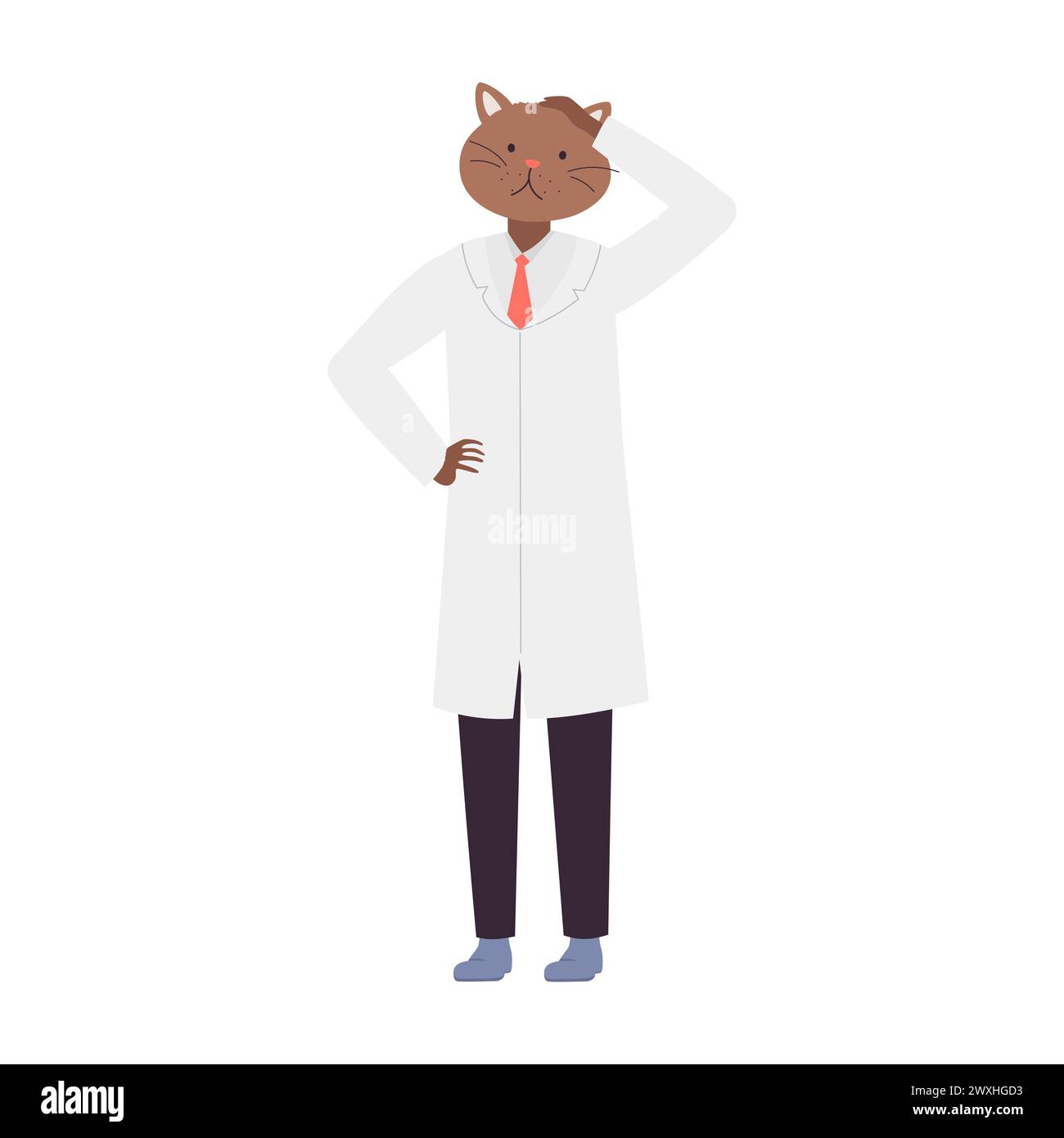 Doctor cat in thinking position. Confused doctor cat in white coat