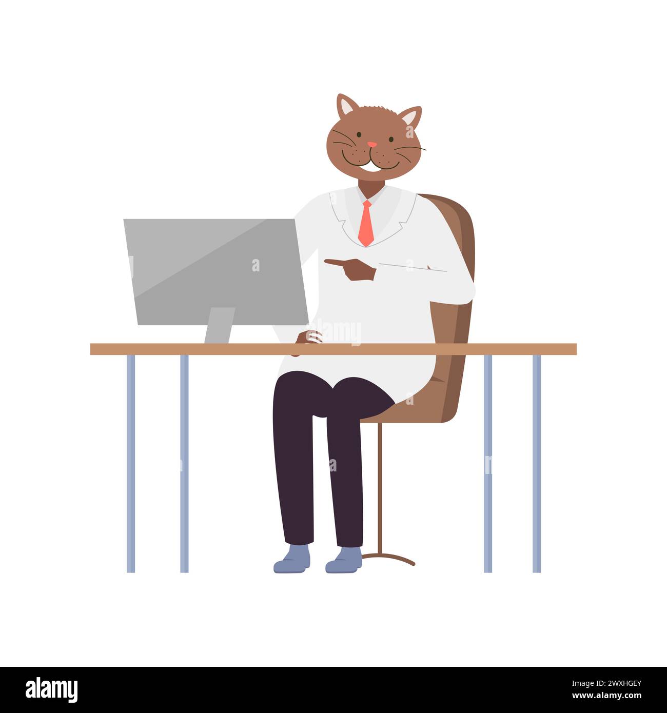 Doctor cat in office. Doctor kitten in white coat works at computer cartoon vector illustration Stock Vector