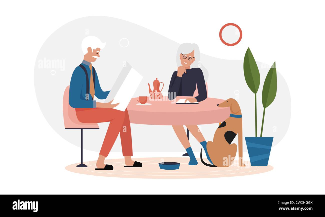 Elderly couple sitting at table. Senior man reading newspaper, senior woman drinking tea cartoon vector illustration Stock Vector