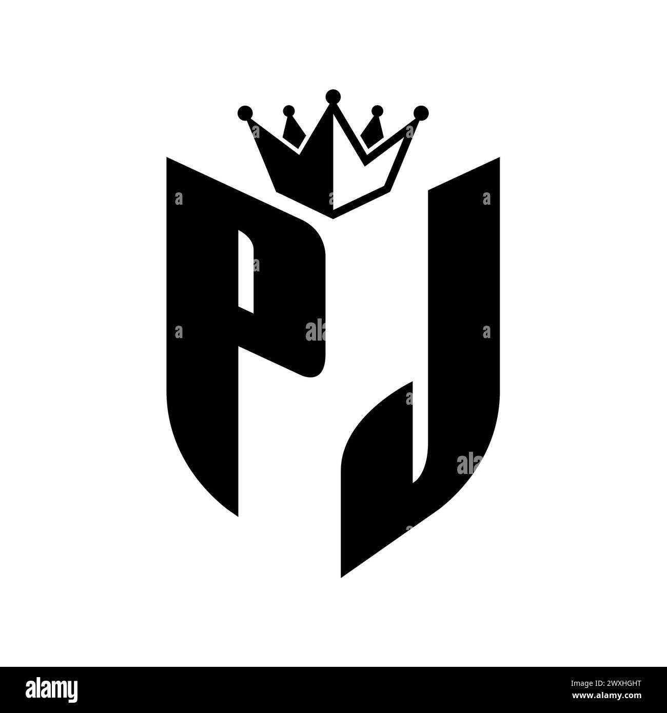 PJ Letter monogram with shield shape with crown black and white color ...