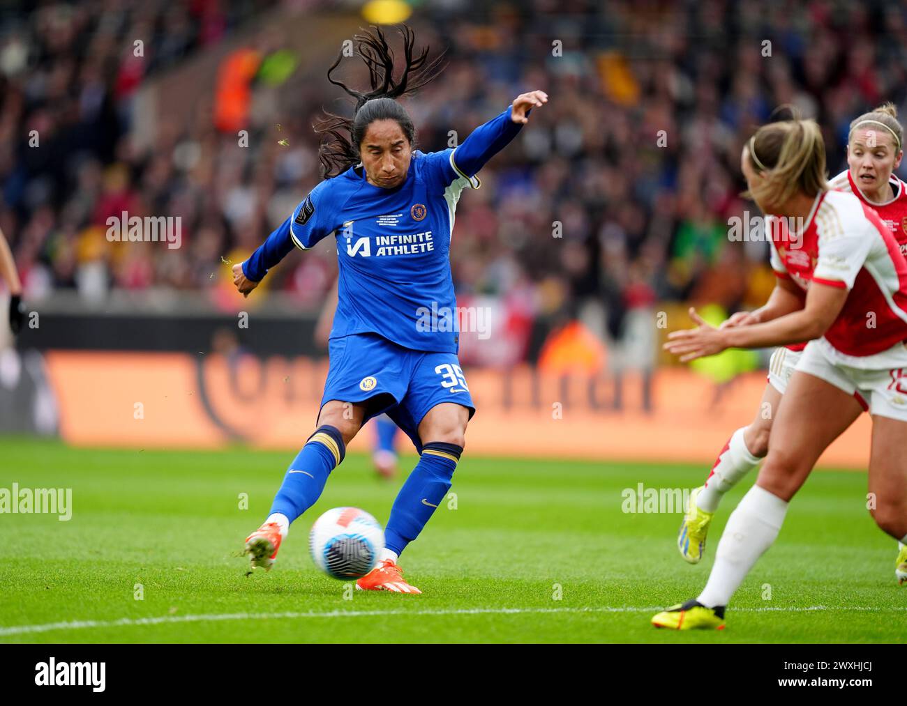 Chelsea's Mayra Ramirez scores a goal which was later disallowed by VAR during the FA Women's Continental Tyres League Cup Final at Molineux Stadium, Wolverhampton. Picture date: Sunday March 31, 2024. Stock Photo