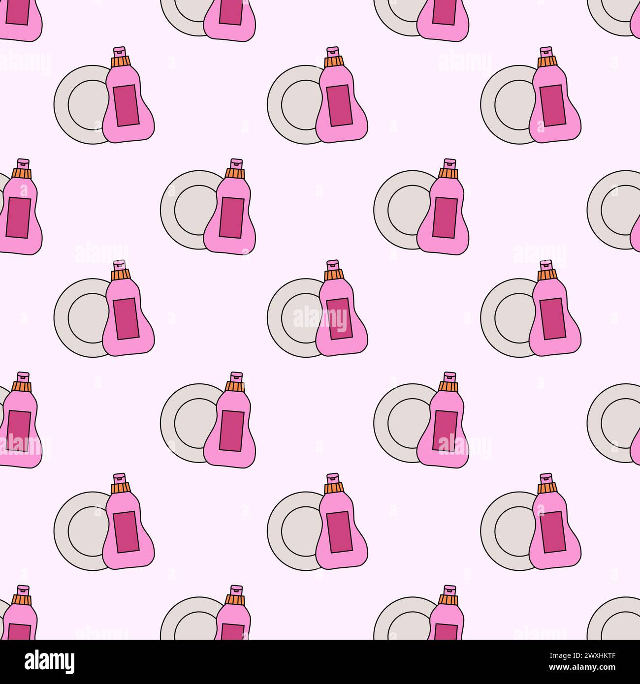 Seamless Pattern with Cleaning Tools Elements. Plate, washing up liquid. Dishwash in kitchen. Vector Flat illustration. Stock Vector