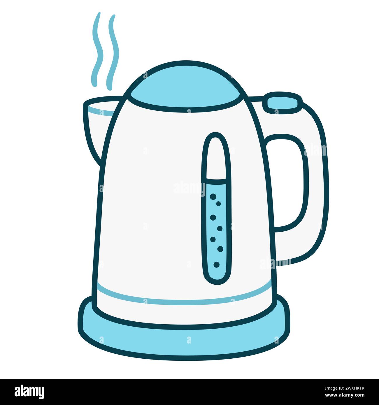 Electric kettle, simple cartoon drawing. White and blue doodle icon. Hand drawn vector illustration. Stock Vector