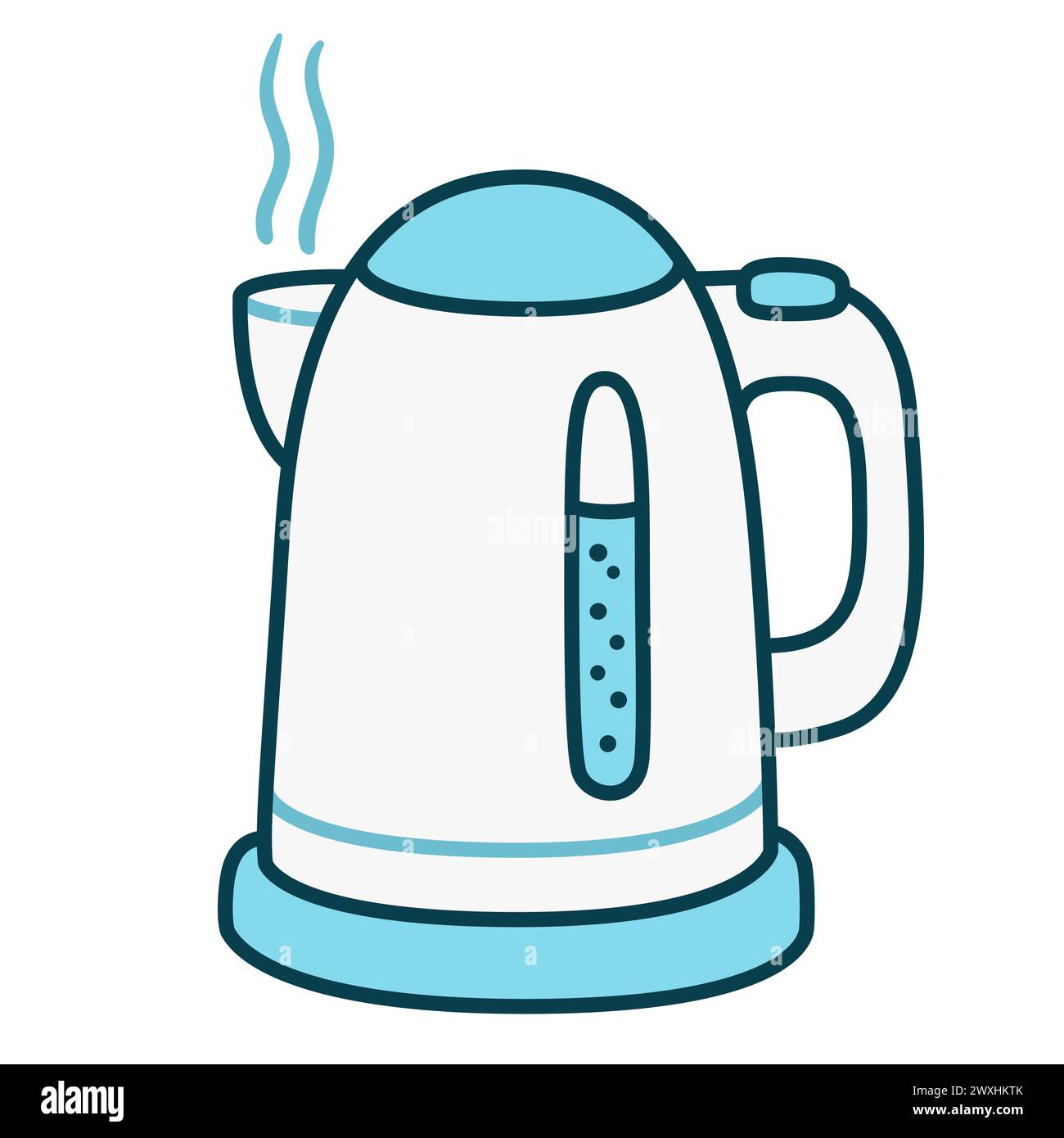 Electric kettle, simple cartoon drawing. White and blue doodle icon