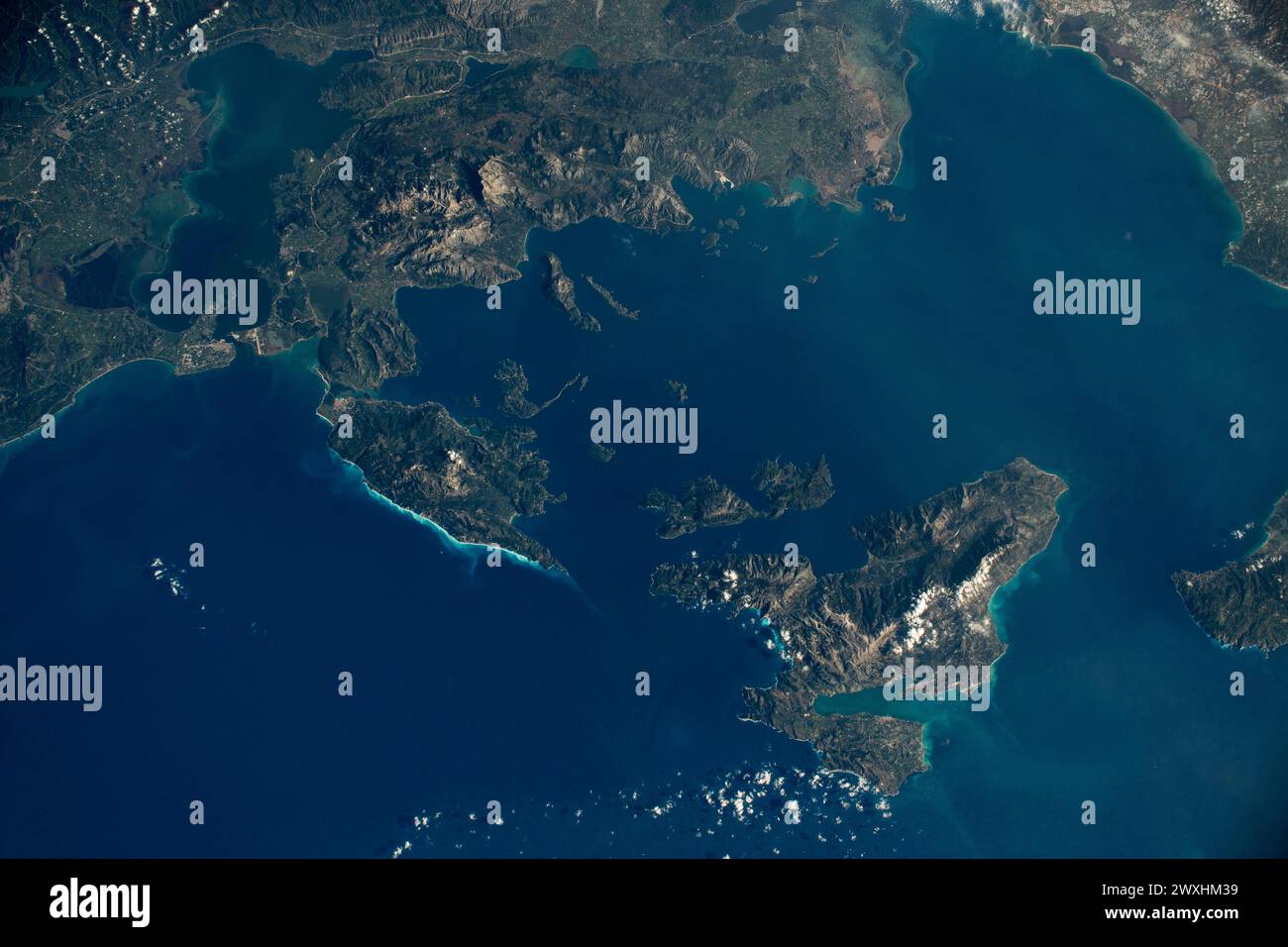 Islands along the Greek coast and the Ambracian Gulf (upper left) Stock Photo