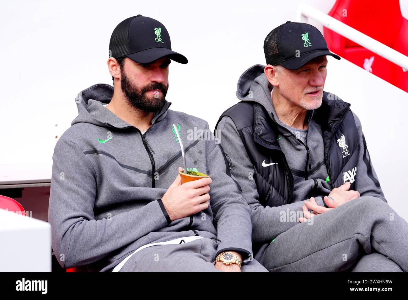 Liverpool goalkeeper Alisson Becker (left) and goalkeeping coach Claudio Taffarel ahead of the Premier League match at Anfield, Liverpool. Picture date: Sunday March 31, 2024. Stock Photo