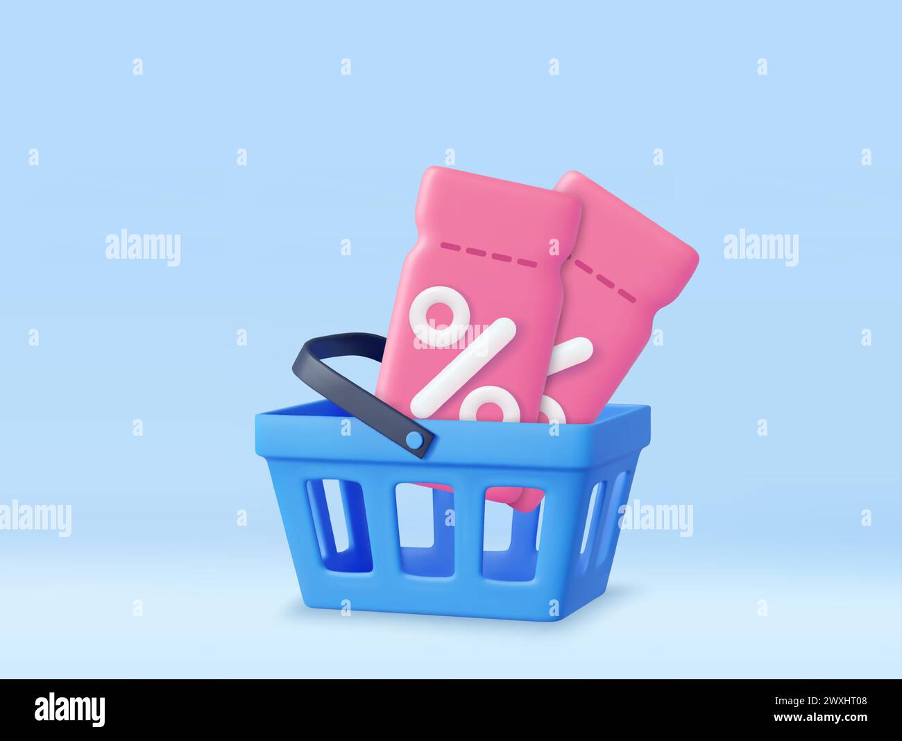 3d coupon with Shopping Basket. Sale and discount on purchases of goods