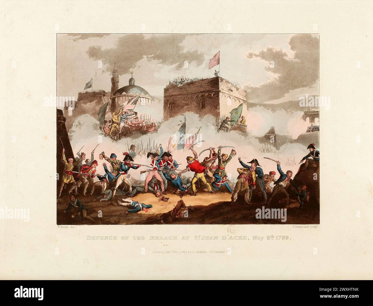 Defence of the Breach at St-Jean d'Acre, Amy 8th 1799.  Vintage Coloured Aquatint, published by James Jenkins, 1815,  from  The martial achievements of Great Britain and her allies : from 1799 to 1815. Stock Photo