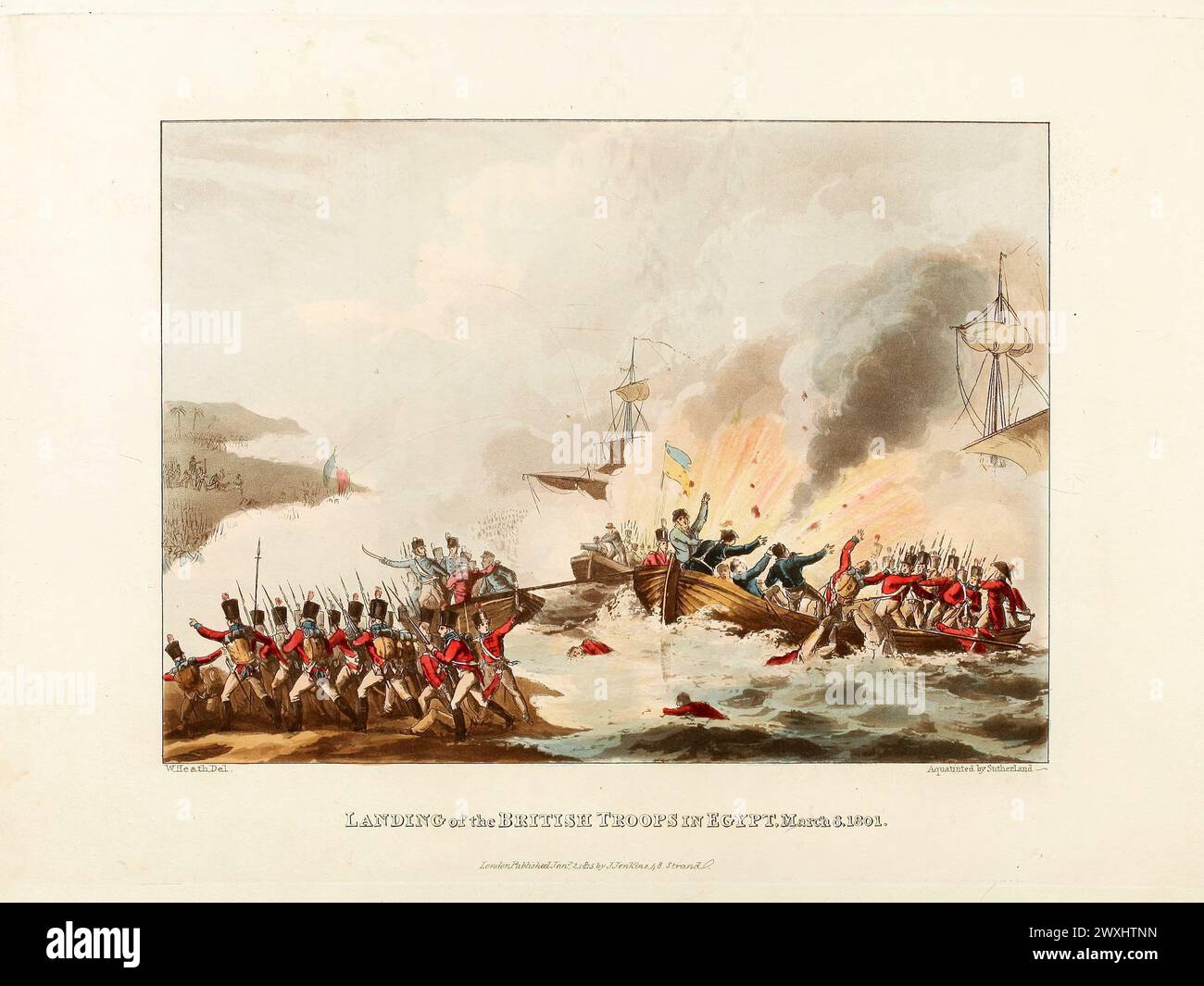 Landing of the British Troops in Egypt, March 8, 1801. Vintage Coloured Aquatint published by James Jenkins, 1815,  from  The martial achievements of Great Britain and her allies : from 1799 to 1815. Stock Photo