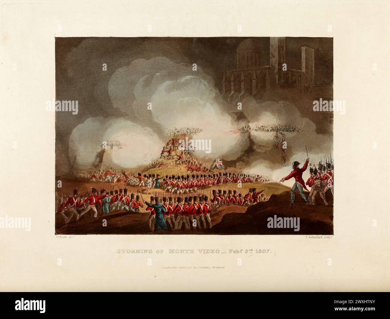 Storming of Monte Video, Feb 3, 1807. Vintage Coloured Aquatint, published by James Jenkins, 1815,  from  The martial achievements of Great Britain and her allies : from 1799 to 1815. Stock Photo
