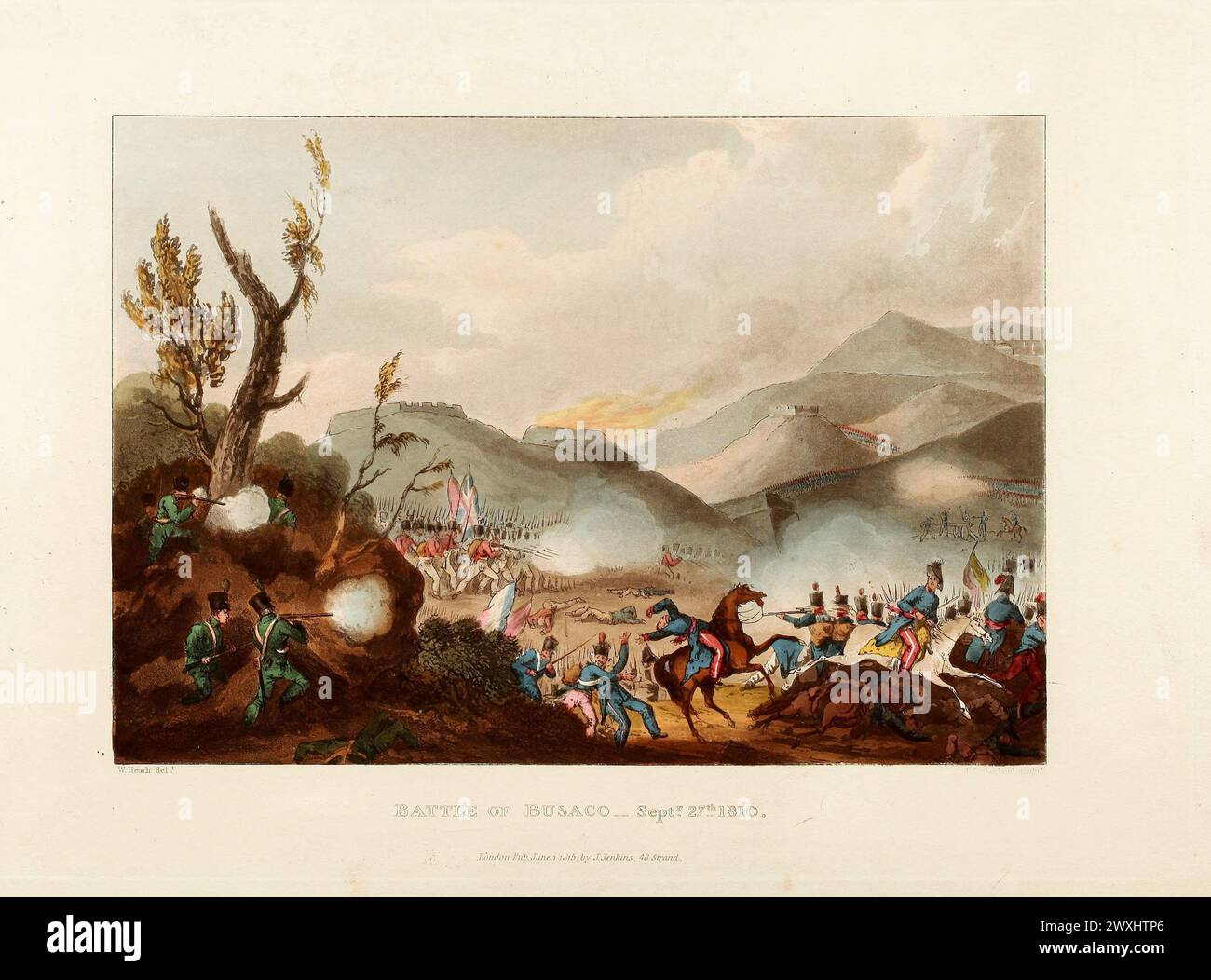 Battle of Busaco, September 27, 1810. Vintage Coloured Aquatint, published by James Jenkins, 1815,  from  The martial achievements of Great Britain and her allies : from 1799 to 1815. Stock Photo