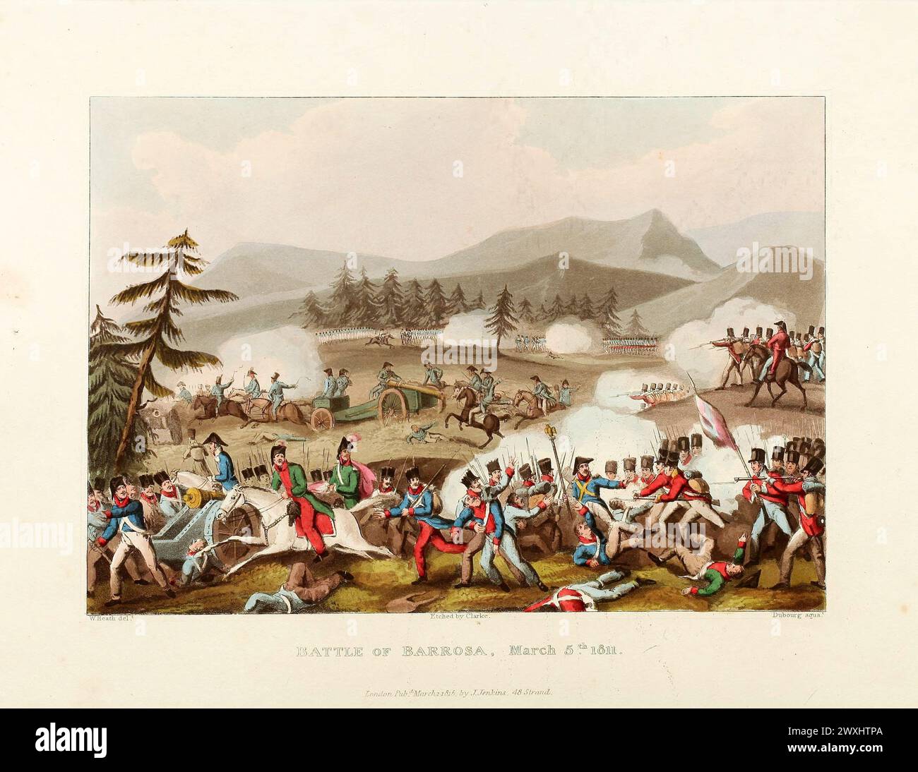 Battle of Barrosa, Mar 5th, 1811. Vintage Coloured Aquatint, published by James Jenkins, 1815,  from  The martial achievements of Great Britain and her allies : from 1799 to 1815. Stock Photo