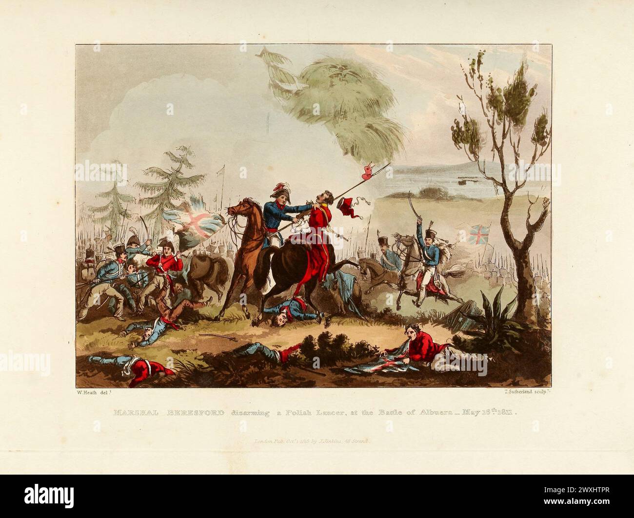 Marshal Beresford disarming a Polish Lancer, at the Battle of Albuera, May 16th, 1811. Vintage Coloured Aquatint, published by James Jenkins, 1815,  from  The martial achievements of Great Britain and her allies : from 1799 to 1815. Stock Photo