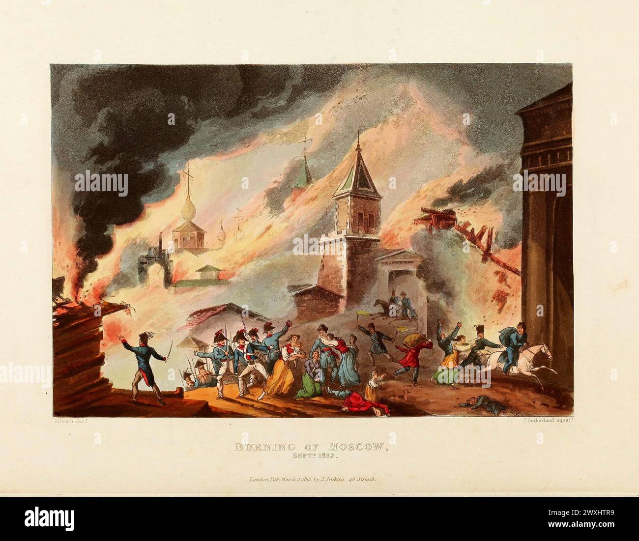 Burning of Moscow. Septmeber 1812. Vintage Coloured Aquatint, published by James Jenkins, 1815,  from  The martial achievements of Great Britain and her allies : from 1799 to 1815. Stock Photo