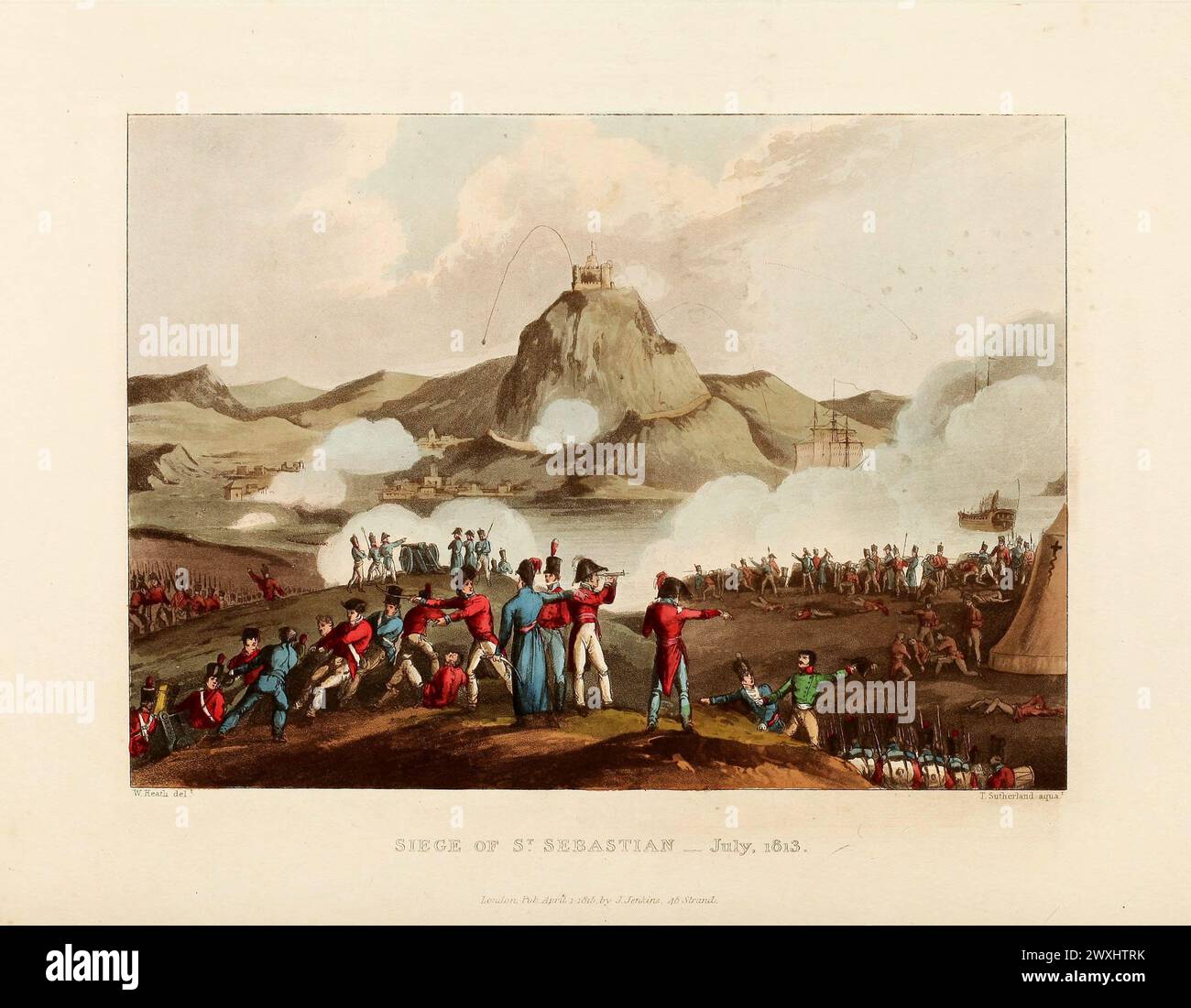 Siege of San Sebastian, July, 1813. Vintage Coloured Aquatint, published by James Jenkins, 1815,  from  The martial achievements of Great Britain and her allies : from 1799 to 1815. Stock Photo