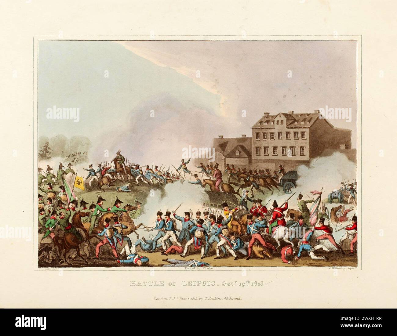 Battle of Leipsic  (now Leipzig), October 19, 1813. Vintage Coloured Aquatint, published by James Jenkins, 1815,  from  The martial achievements of Great Britain and her allies : from 1799 to 1815. Stock Photo