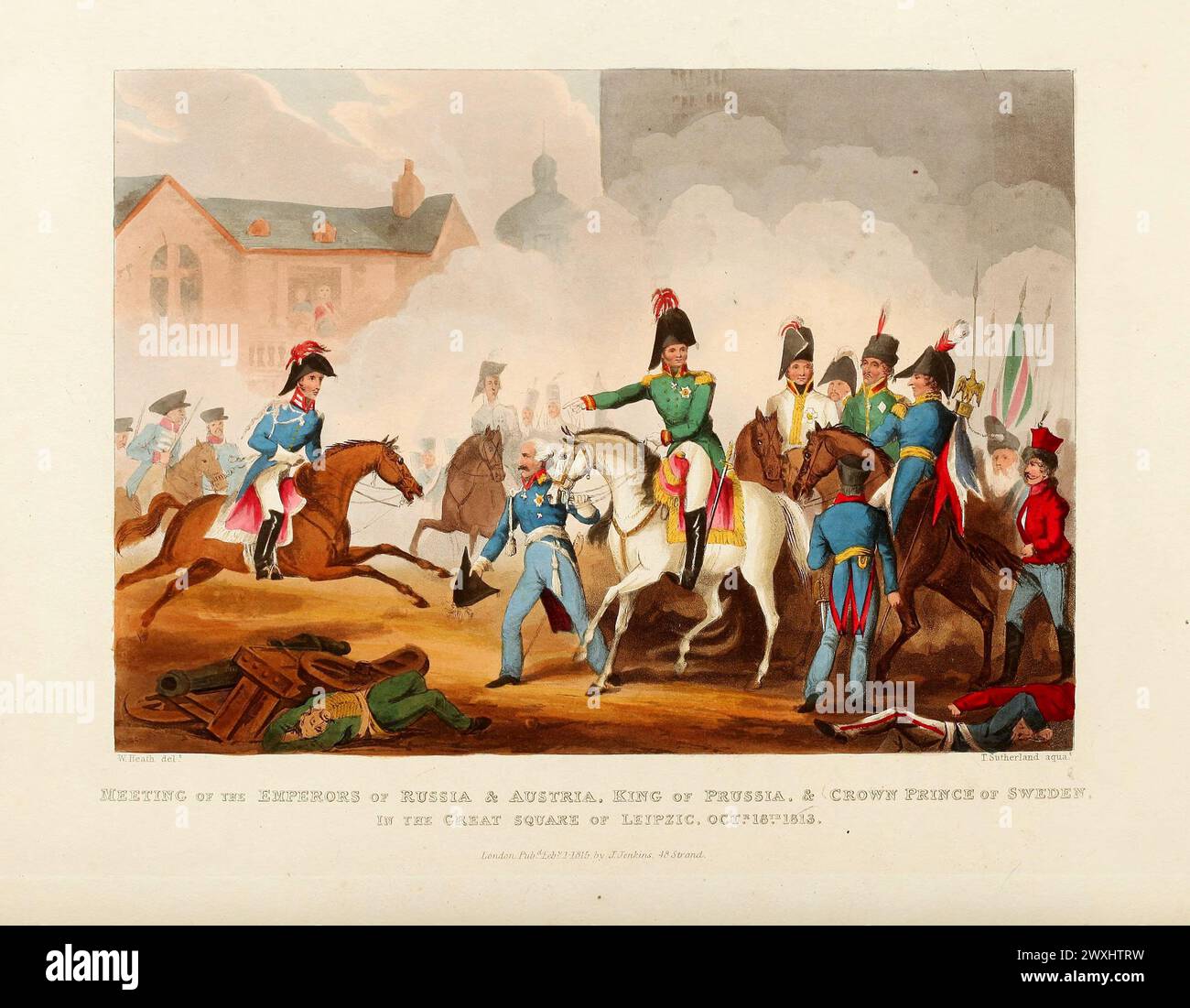 Meeting of the Emperors of Russia and Austria, King of Prussia, and Crown Prince of Sweden in the Great Square in Leipzic (now Leipzig), October 18, 1813. Vintage Coloured Aquatint, published by James Jenkins, 1815,  from  The martial achievements of Great Britain and her allies : from 1799 to 1815. Stock Photo