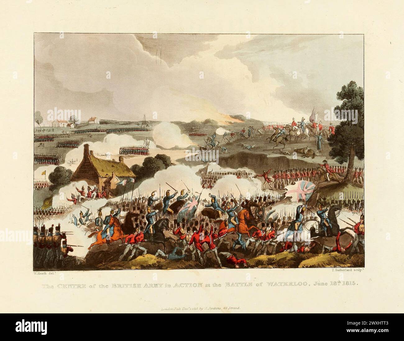 The Centre of the British Army in Action at the Battle of Waterloo, June 18, 1815. Vintage Coloured Aquatint, published by James Jenkins, 1815,  from  The martial achievements of Great Britain and her allies : from 1799 to 1815. Stock Photo