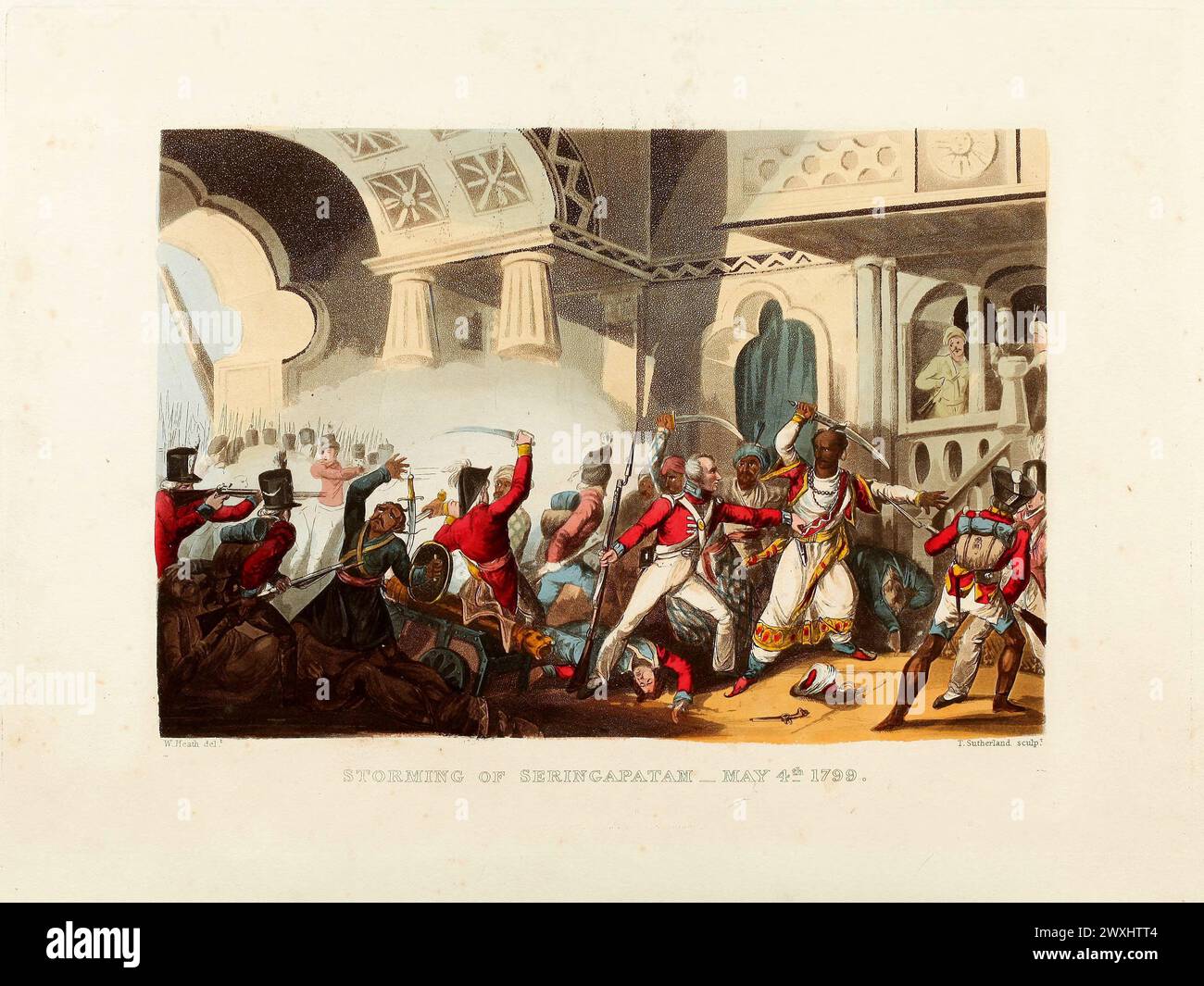 Storming of Seringapatam, May 4th 1799.  Vintage Coloured Aquatint, published by James Jenkins, 1815,  from  The martial achievements of Great Britain and her allies : from 1799 to 1815. Stock Photo