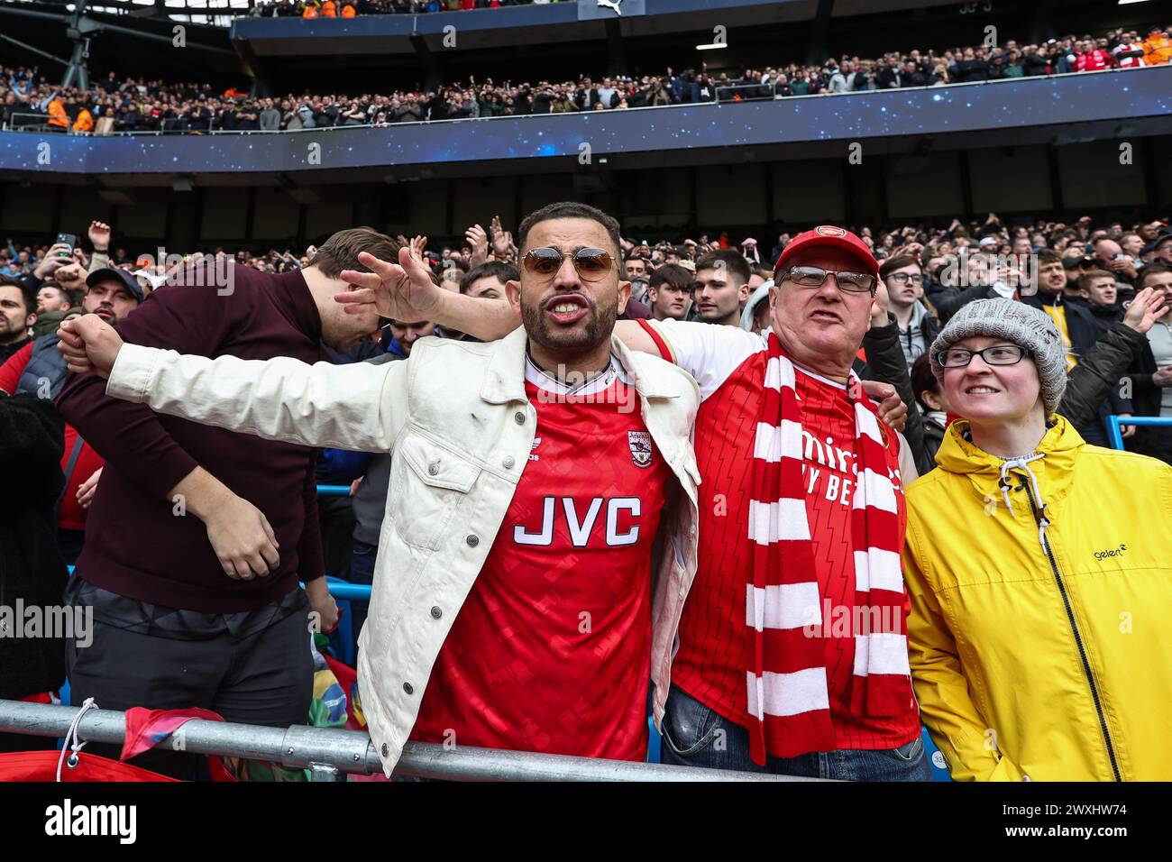 Arsena fans during the Premier League match Manchester City vs Arsenal at Etihad Stadium, Manchester, United Kingdom. 31st Mar, 2024. (Photo by Mark Cosgrove/News Images) in, on 3/31/2024. (Photo by Mark Cosgrove/News Images/Sipa USA) Credit: Sipa USA/Alamy Live News Stock Photo