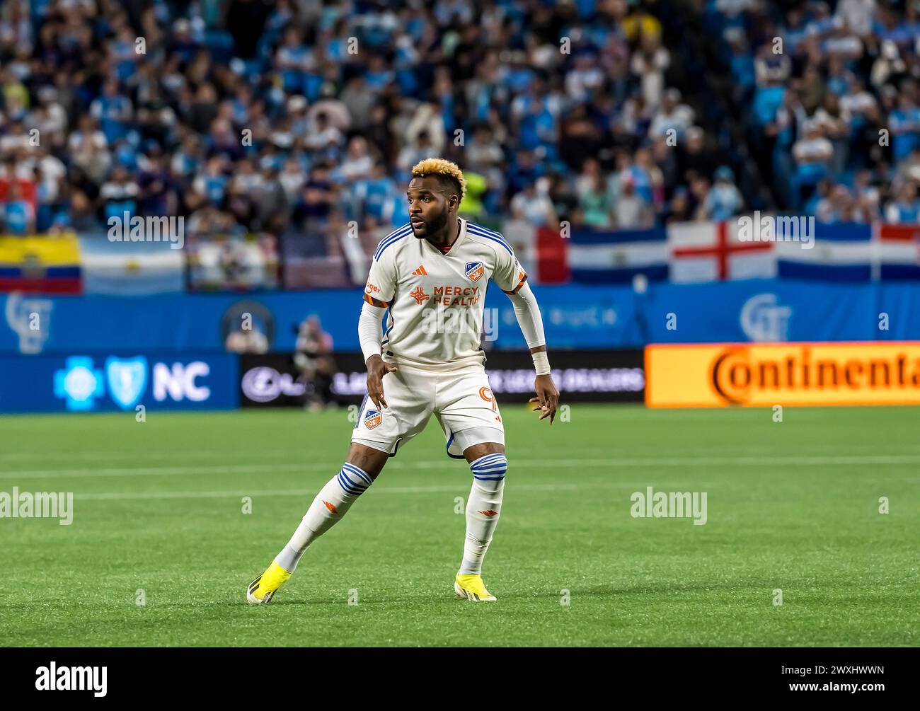 March 30, 2024, Charlotte, Nc, USA: FC Cincinnati Attacker AARON BOUPENDZA runs down the field during the Charlotte FC Vs FC Cincinnati match at Bank of America Stadium in Charlotte, NC. The match ends in a 1-1 tie in regulation. (Credit Image: © Walter G Arce Sr Grindstone Medi/ASP) EDITORIAL USAGE ONLY! Not for Commercial USAGE! Stock Photo