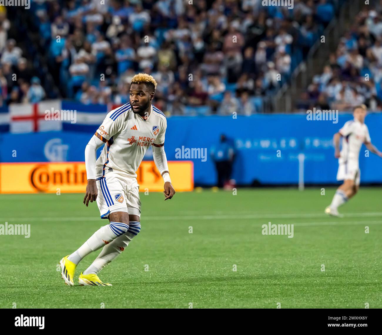 March 30, 2024, Charlotte, Nc, USA: FC Cincinnati Attacker AARON BOUPENDZA runs down the field during the Charlotte FC Vs FC Cincinnati match at Bank of America Stadium in Charlotte, NC. The match ends in a 1-1 tie in regulation. (Credit Image: © Walter G Arce Sr Grindstone Medi/ASP) EDITORIAL USAGE ONLY! Not for Commercial USAGE! Stock Photo
