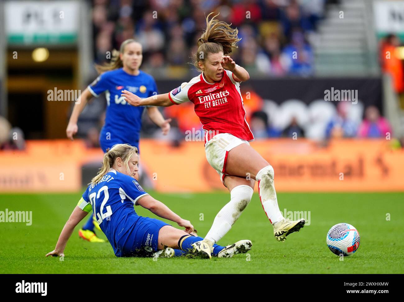 Arsenal's Victoria Pelova is tackled by Chelsea's Erin Cuthbert during the FA Women's Continental Tyres League Cup Final at Molineux Stadium, Wolverhampton. Picture date: Sunday March 31, 2024. Stock Photo