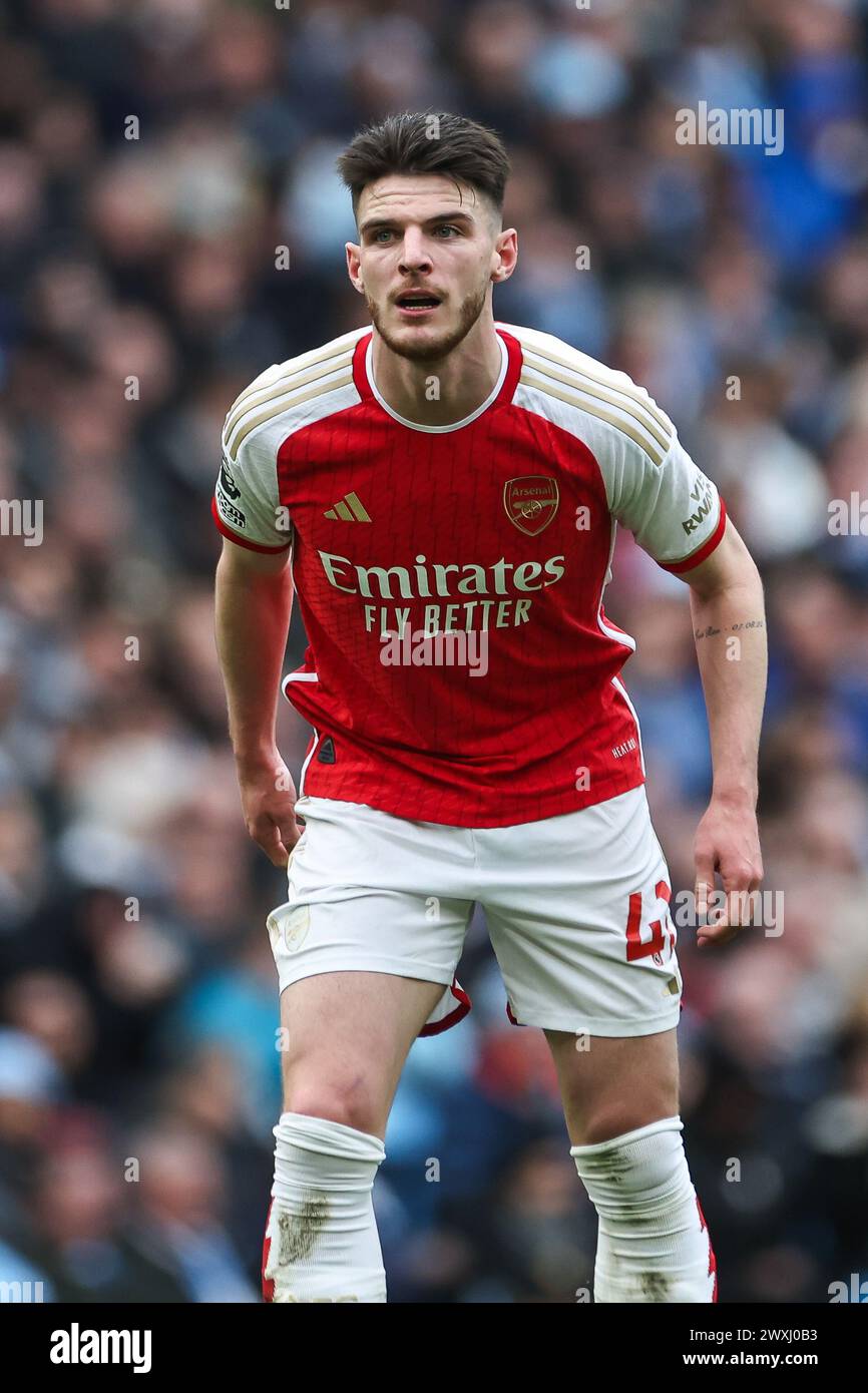 Declan Rice of Arsenal during the Premier League match Manchester City vs Arsenal at Etihad Stadium, Manchester, United Kingdom, 31st March 2024  (Photo by Mark Cosgrove/News Images) Stock Photo