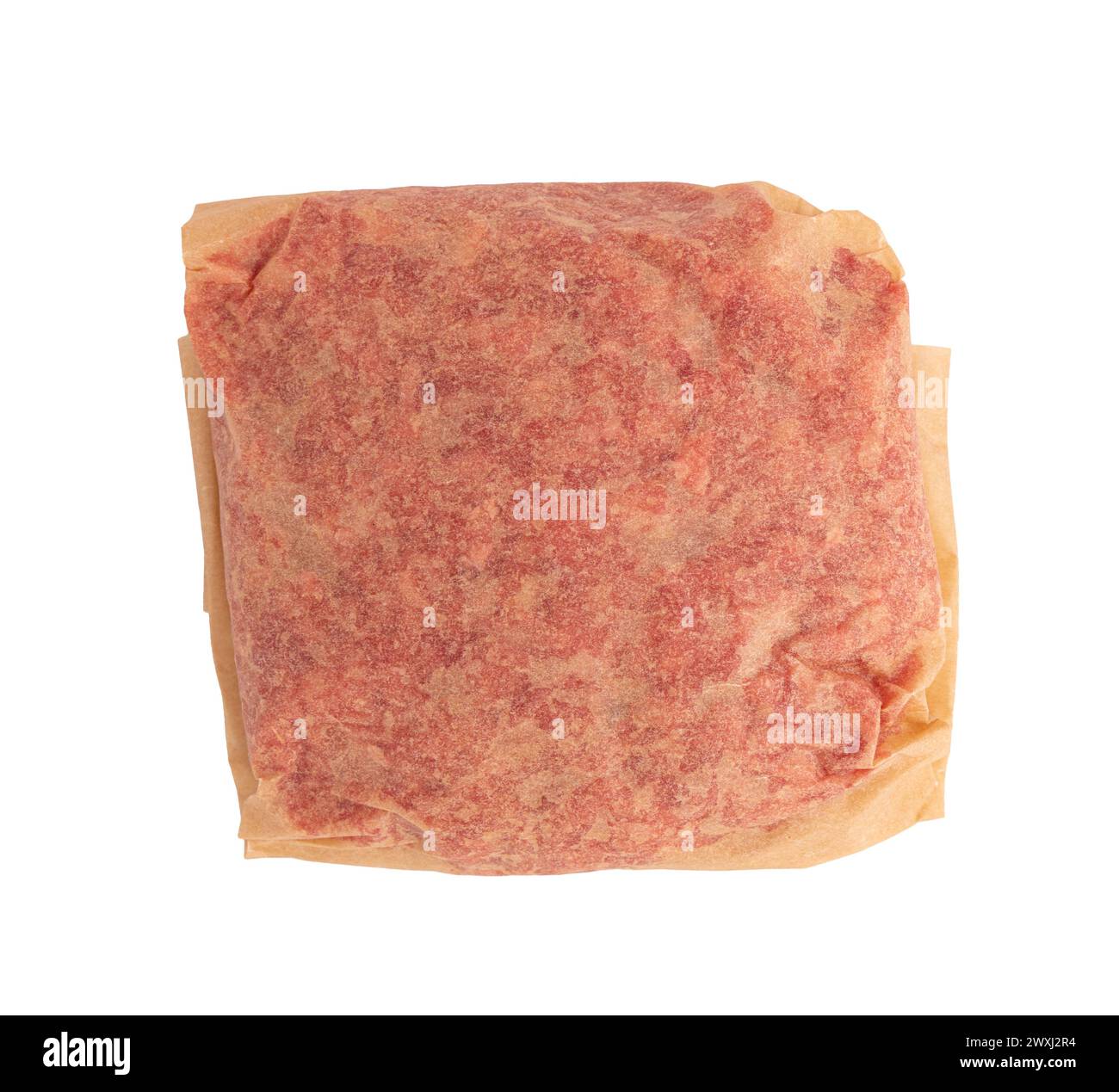 butchers paper with fresh meat product wrapped for purchase, minced meat wrapped in parchment paper, package isolated on white background with clippin Stock Photo