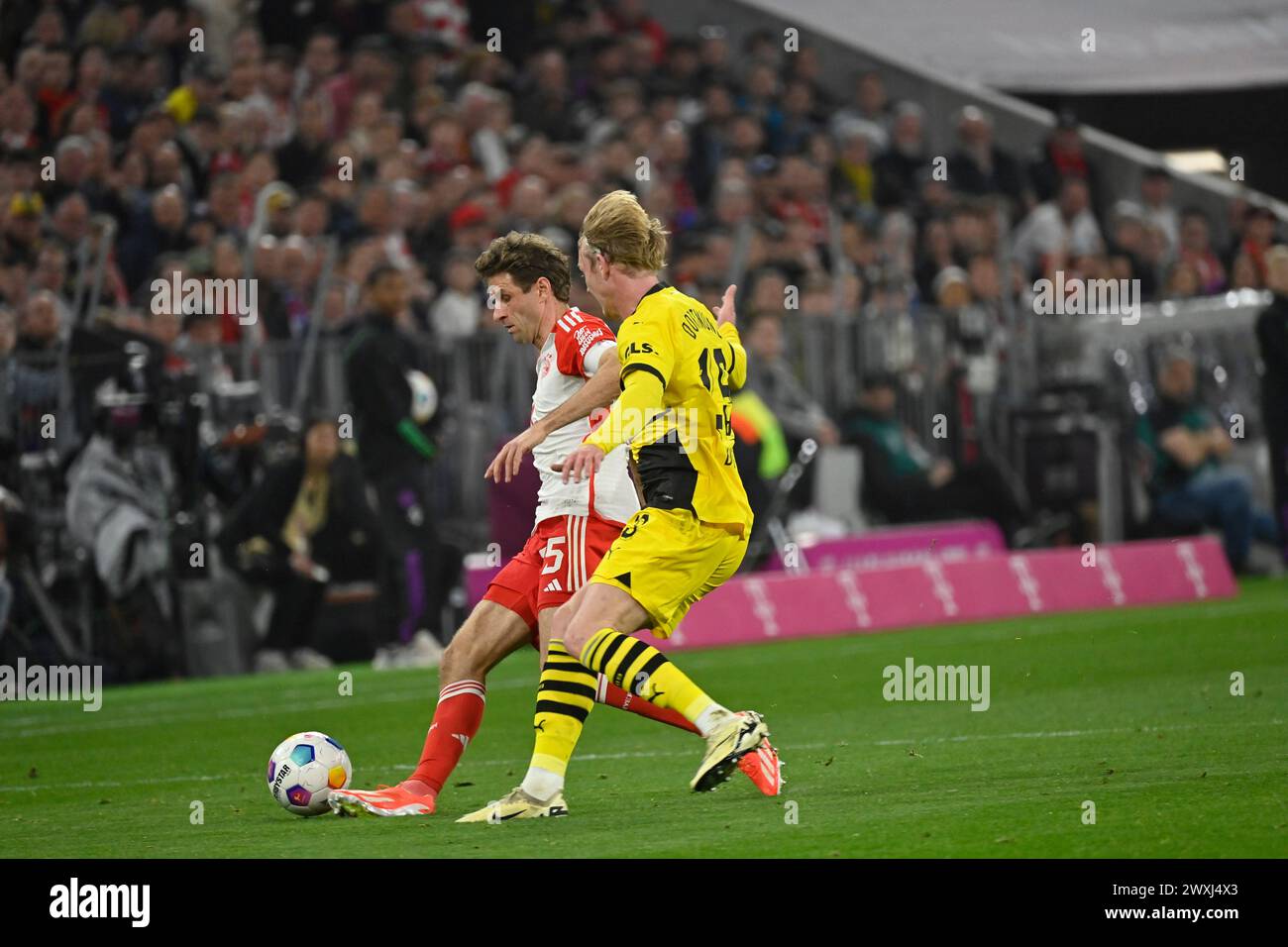 MUNICH, Germany. , . 25 Thomas MUELLER, Müller vs Julian BRANDT during the Bundesliga Football match between Fc Bayern Muenchen and Borussia Dortmund, BvB, at the Allianz Arena in Munich on 30. March 2024, Germany. DFL, Fussball, 0:2(Photo and copyright @ Jerry ANDRE/ATP images) (ANDRE Jerry/ATP/SPP) Credit: SPP Sport Press Photo. /Alamy Live News Stock Photo
