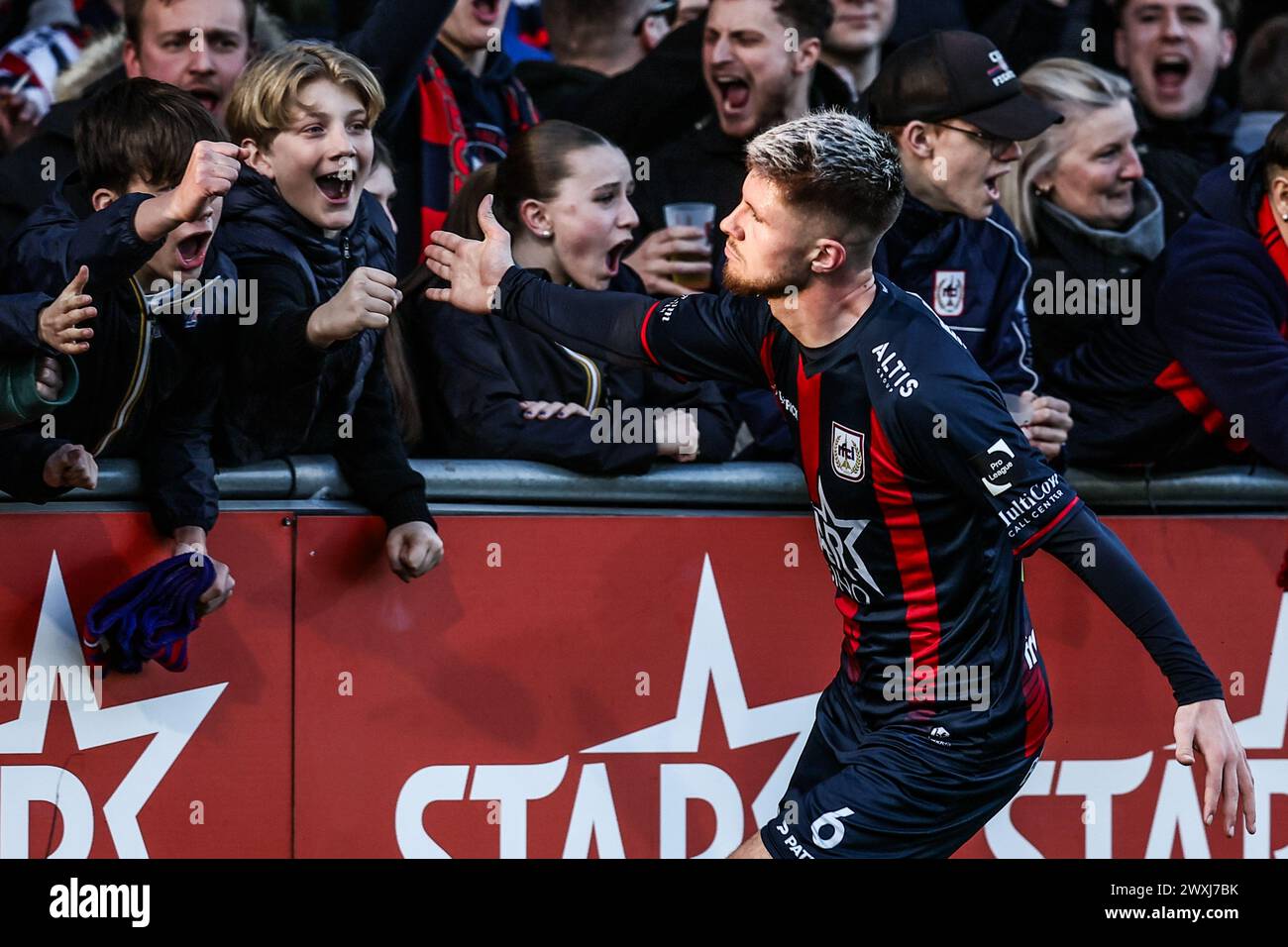 Liege, Belgium. 31st Mar, 2024. Liege's Ryan Dylan Merlen celebrates after scoring during a soccer match between RFC Liege and SK Beveren, Sunday 31 March 2024 in Liege, on day 27/30 of the 2023-2024 'Challenger Pro League' second division of the Belgian championship. BELGA PHOTO BRUNO FAHY Credit: Belga News Agency/Alamy Live News Stock Photo