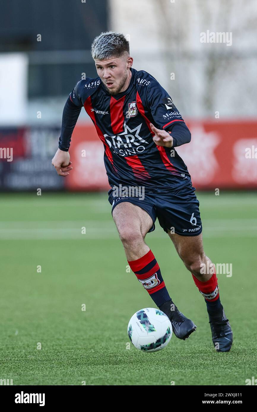 Liege, Belgium. 31st Mar, 2024. Liege's Ryan Dylan Merlen pictured in action during a soccer match between RFC Liege and SK Beveren, Sunday 31 March 2024 in Liege, on day 27/30 of the 2023-2024 'Challenger Pro League' second division of the Belgian championship. BELGA PHOTO BRUNO FAHY Credit: Belga News Agency/Alamy Live News Stock Photo