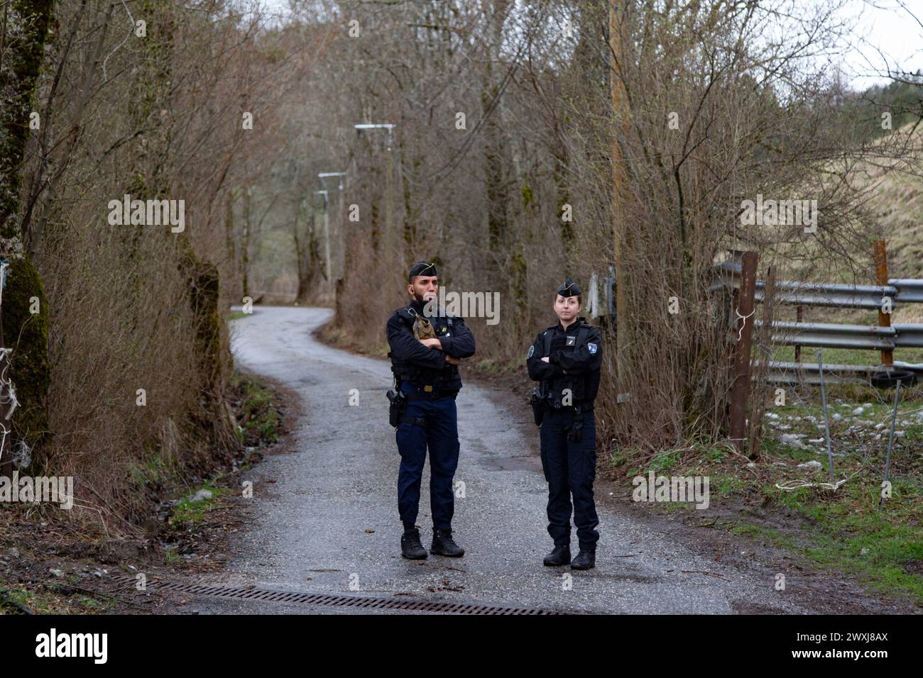 Vernet, France. 31st Mar, 2024. The road to Haut-Vernet is blocked by a gendarmerie checkpoint at the village of Le Vernet, France, on March 31, 2024. The remains of Emile, who disappeared since July 8th last year in Le Vernet, were discovered this Saturday a few kilometers from the hamlet. Photo by Thibaut Durand/ABACAPRESS.COM Credit: Abaca Press/Alamy Live News Stock Photo