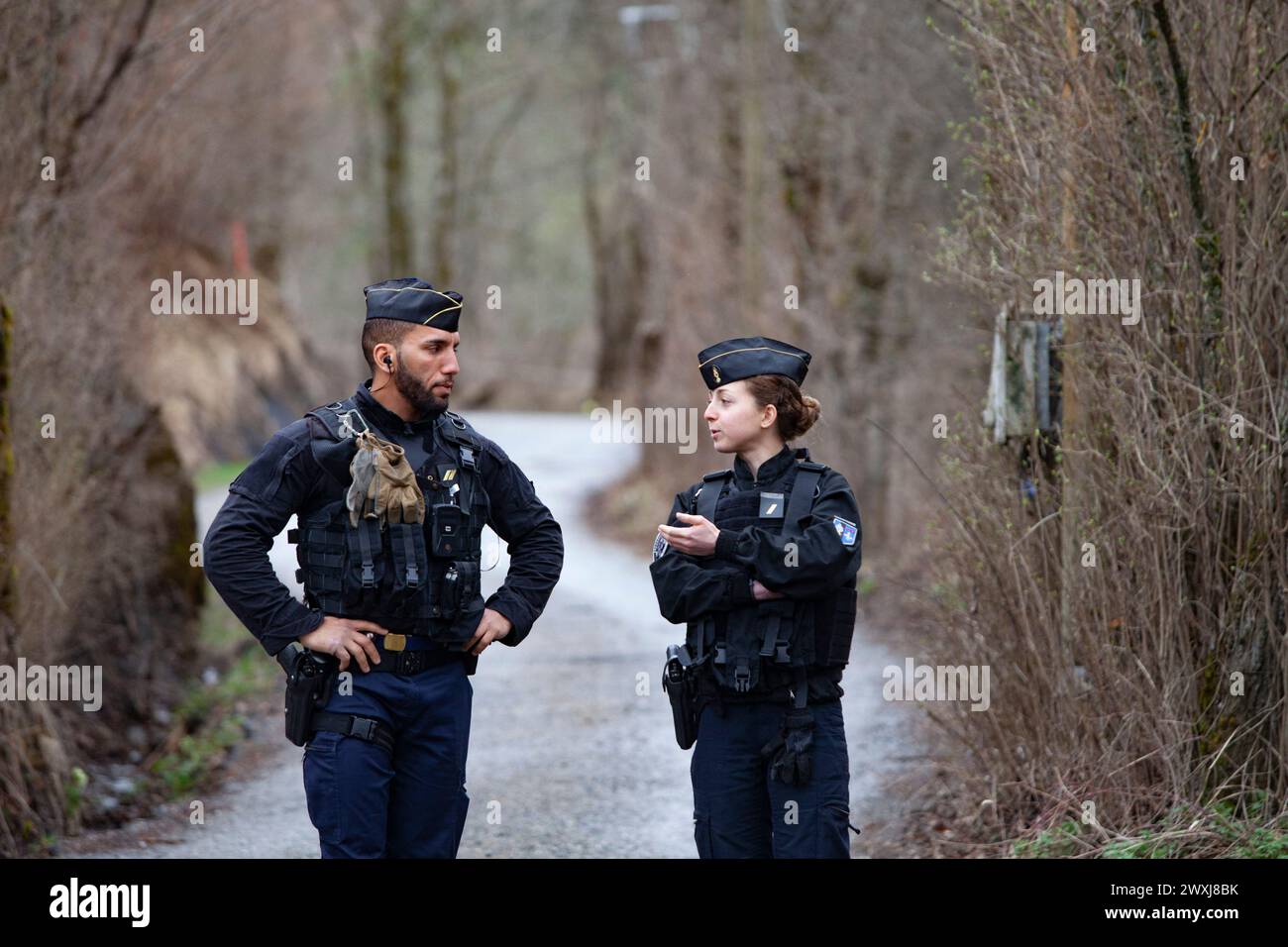 Vernet, France. 31st Mar, 2024. The road to Haut-Vernet is blocked by a gendarmerie checkpoint at the village of Le Vernet, France, on March 31, 2024. The remains of Emile, who disappeared since July 8th last year in Le Vernet, were discovered this Saturday a few kilometers from the hamlet. Photo by Thibaut Durand/ABACAPRESS.COM Credit: Abaca Press/Alamy Live News Stock Photo