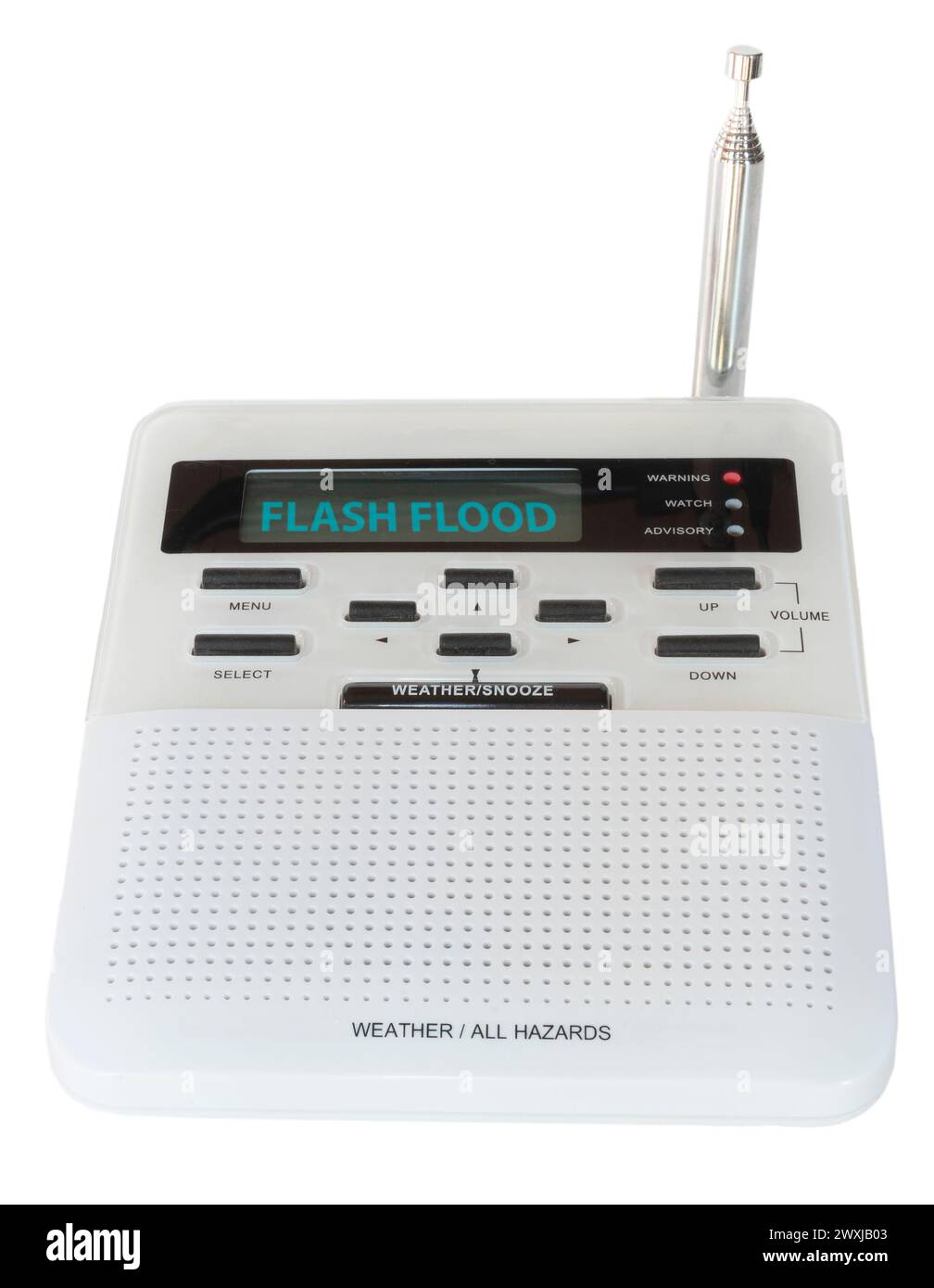 Hazard and weather radio that has sounded an audible alarm and is showing a flash flood warning issued by the government for the region. Stock Photo