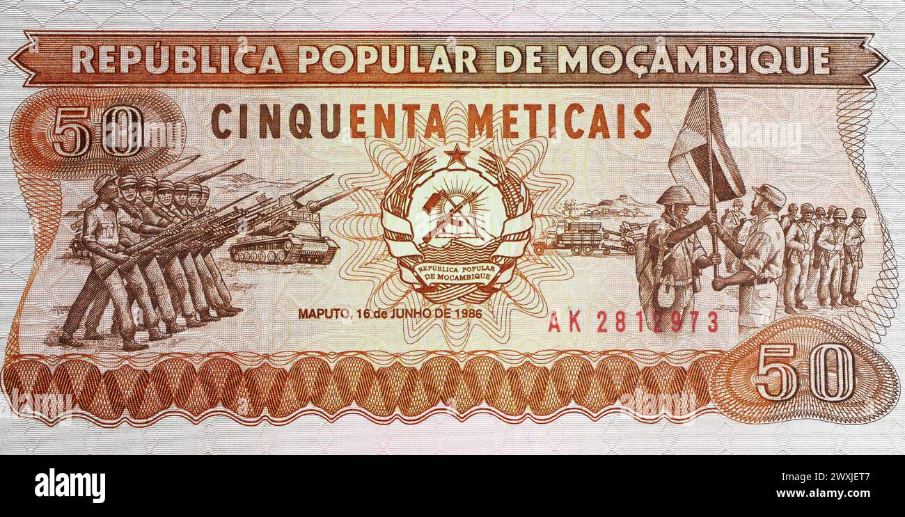 Closeup of old Mozambique Meticals currency banknote from 1986 (focus on center) Stock Photo