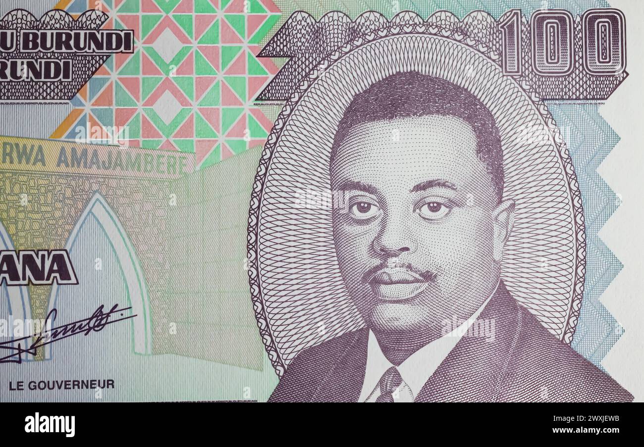 Portrait of Ganwa Prince Louis Rwagasore on Burundi 100 Franc currency ...